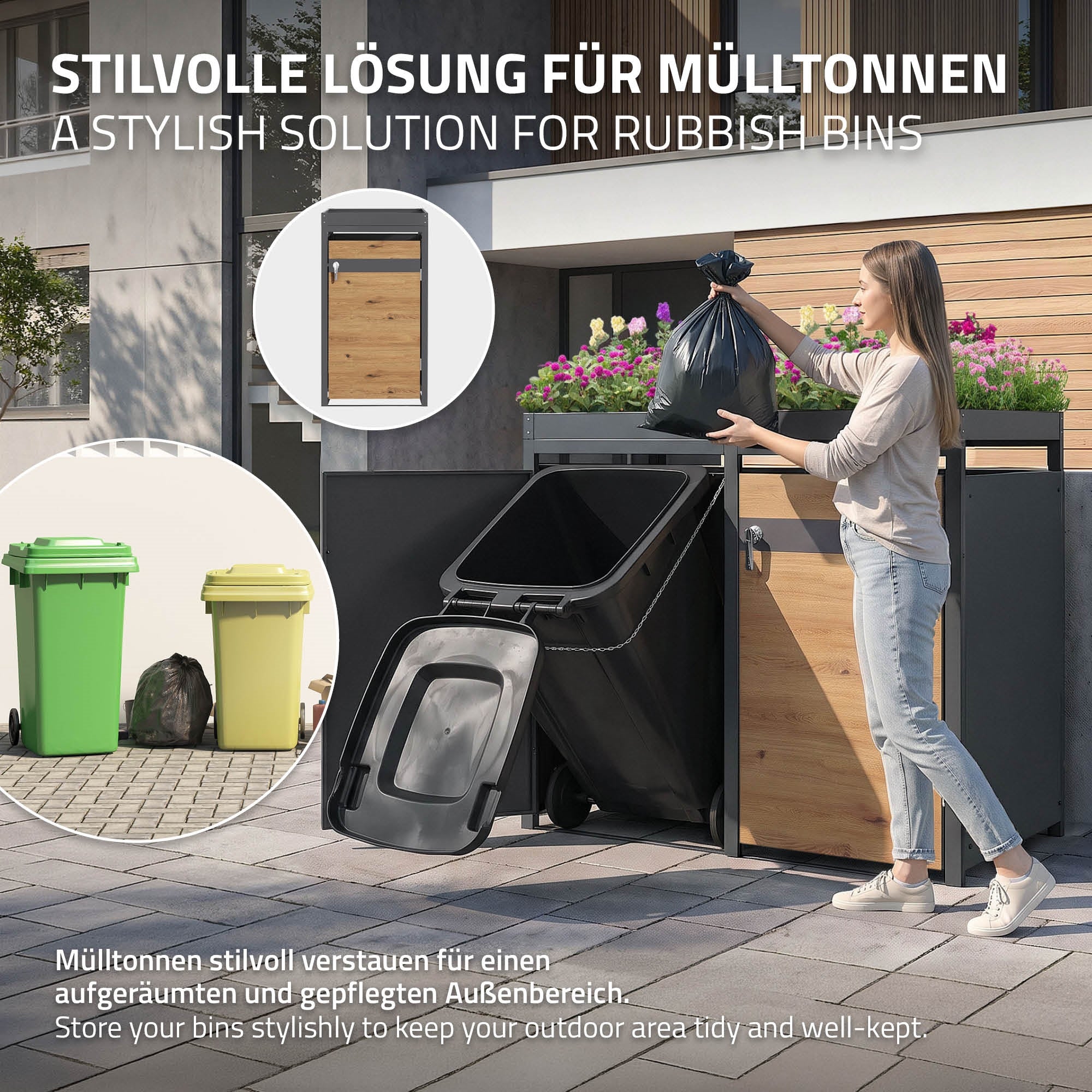 Trash can box with two trash cans, stylish in the outdoor area.