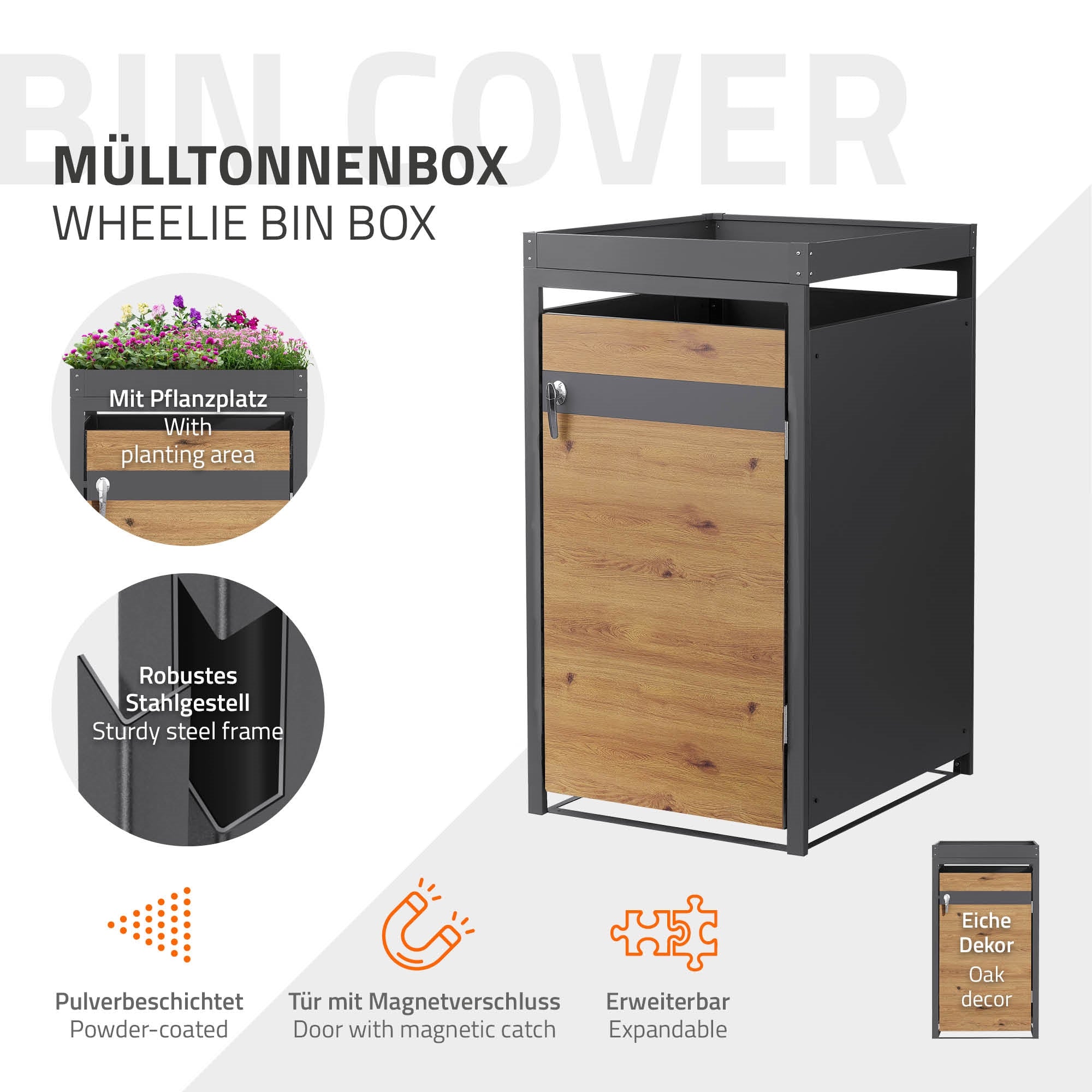 Box per contenitori di rifiuti con chiusura magnetica e maniglie bloccabili.
