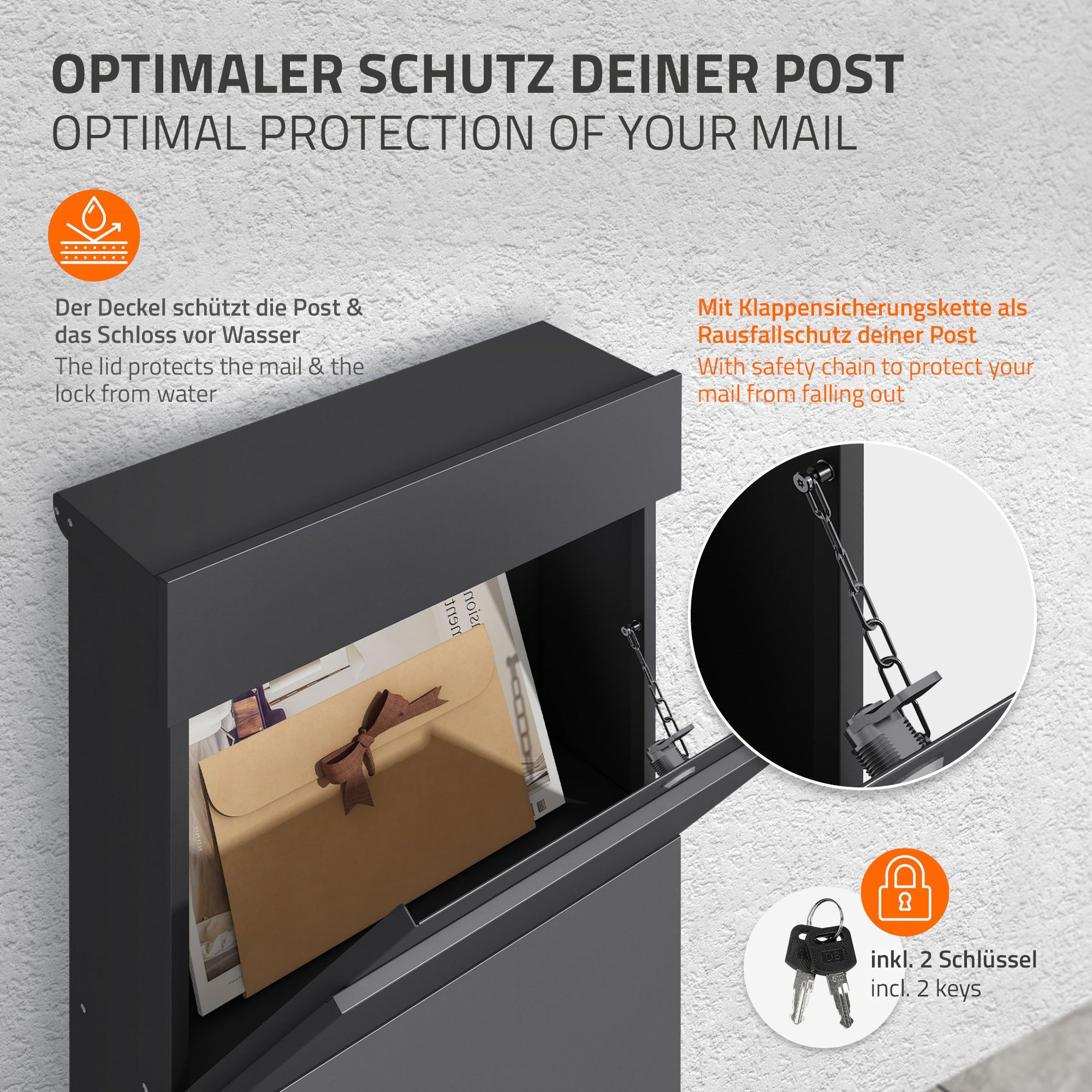 Detail view of the mailbox with flap lock and protection for mail.