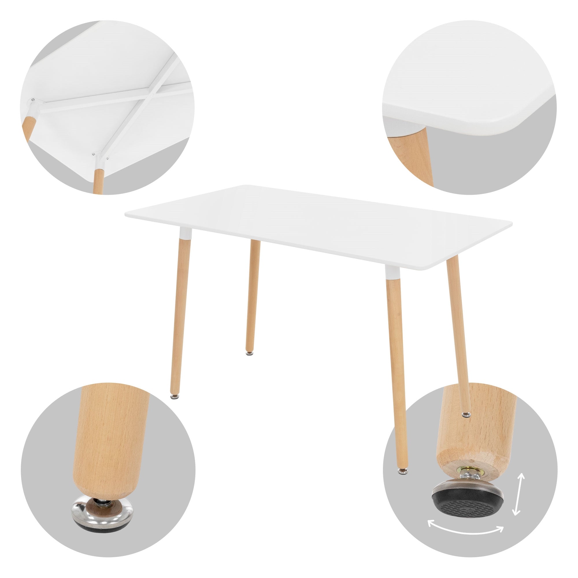 Bílý stůl s dřevěnými nohami, detailní pohledy na nohy a desku stolu.