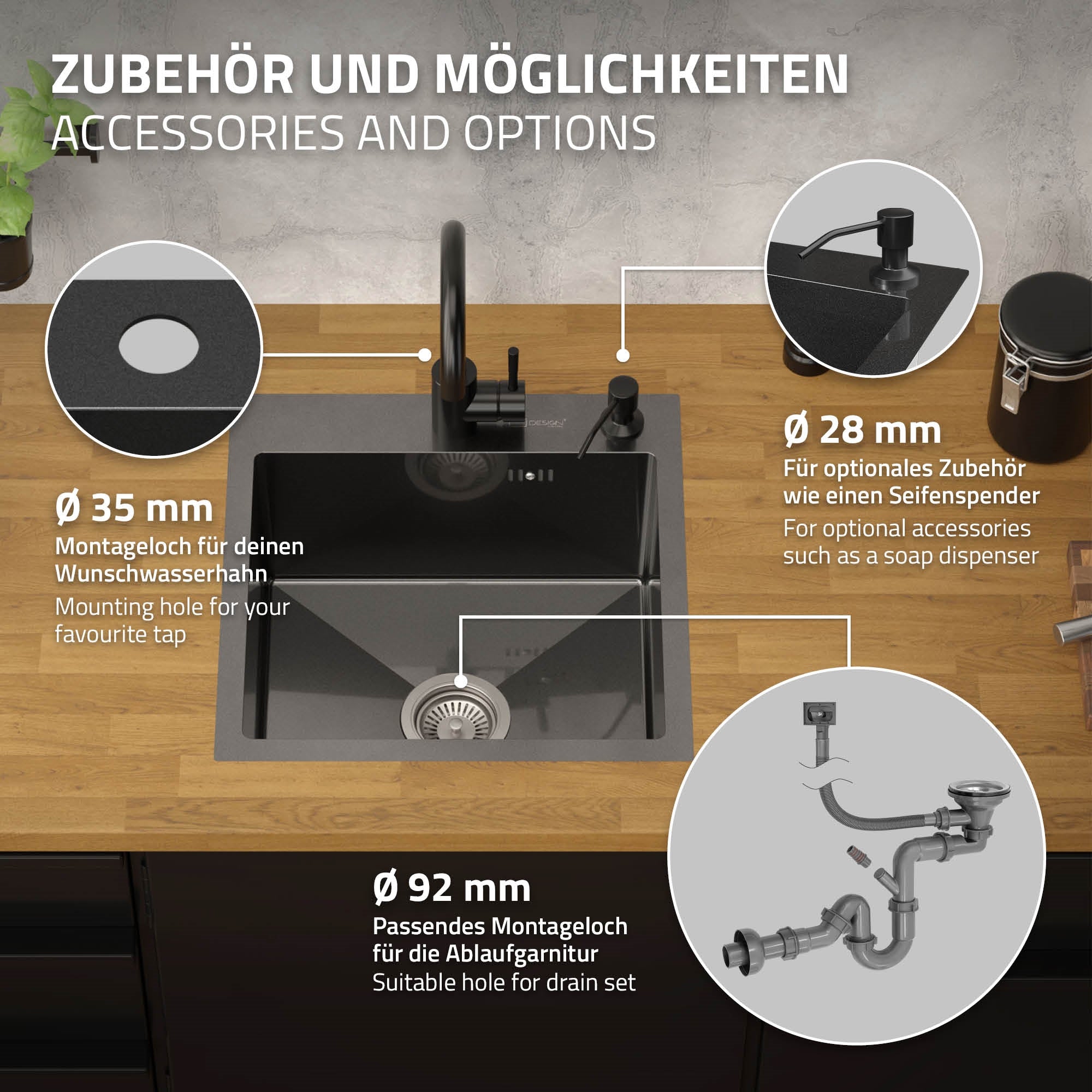 Diagram with accessories and options for a sink.