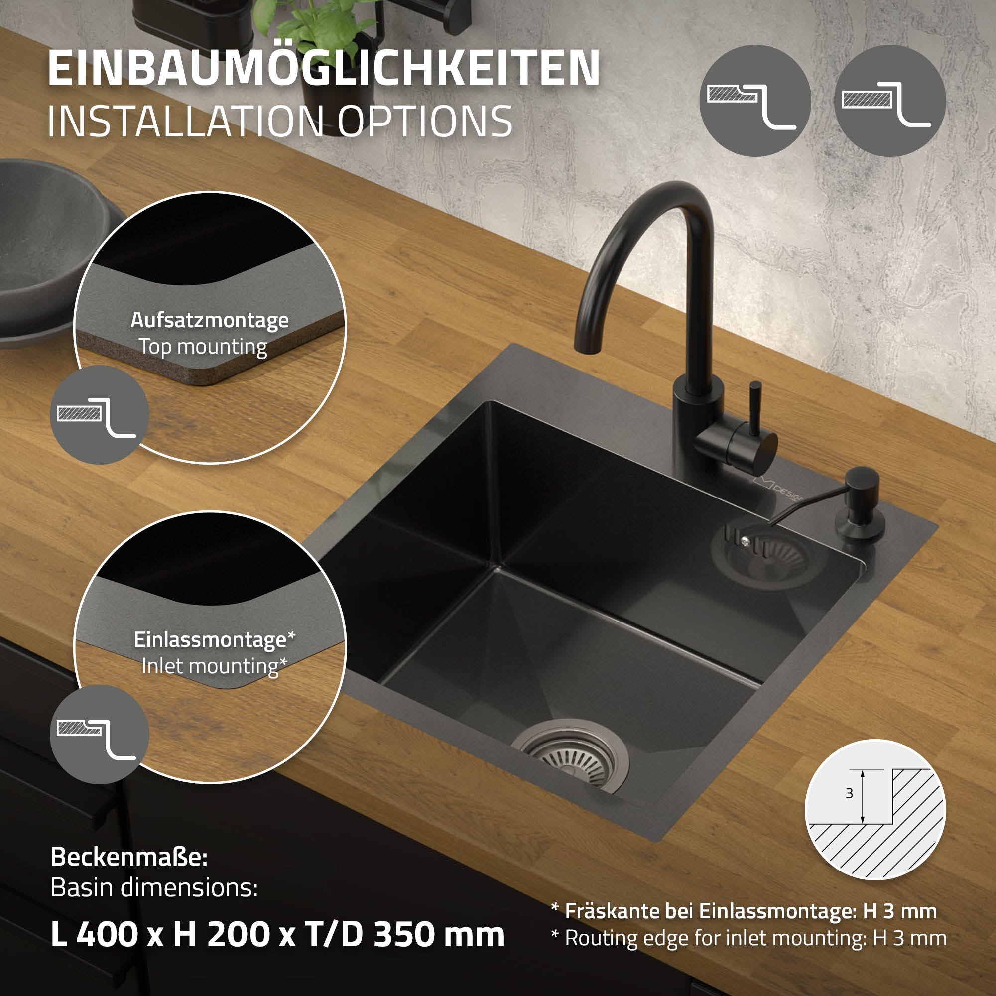 Technical drawing with installation options for a sink.