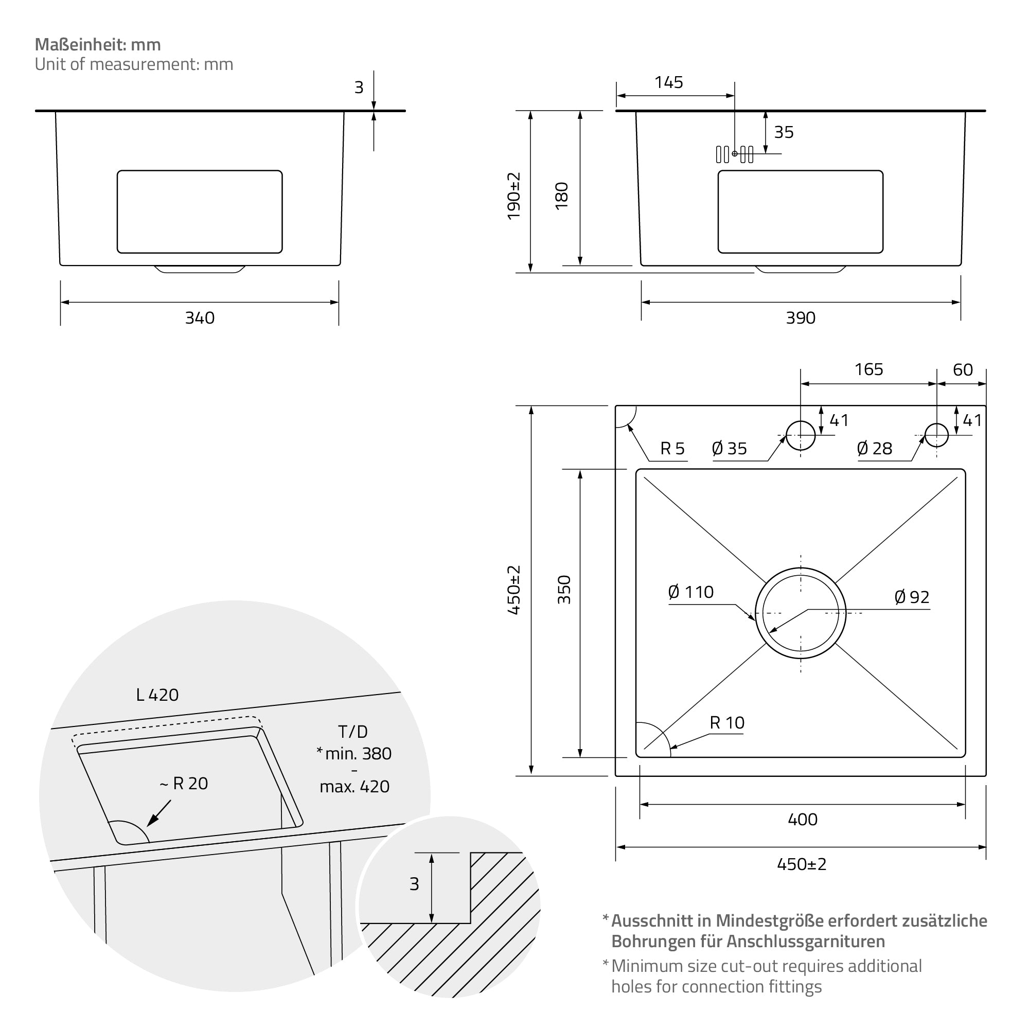 Technische Zeichnung eines Behälters mit Maßen und Anschlussbohrungen.