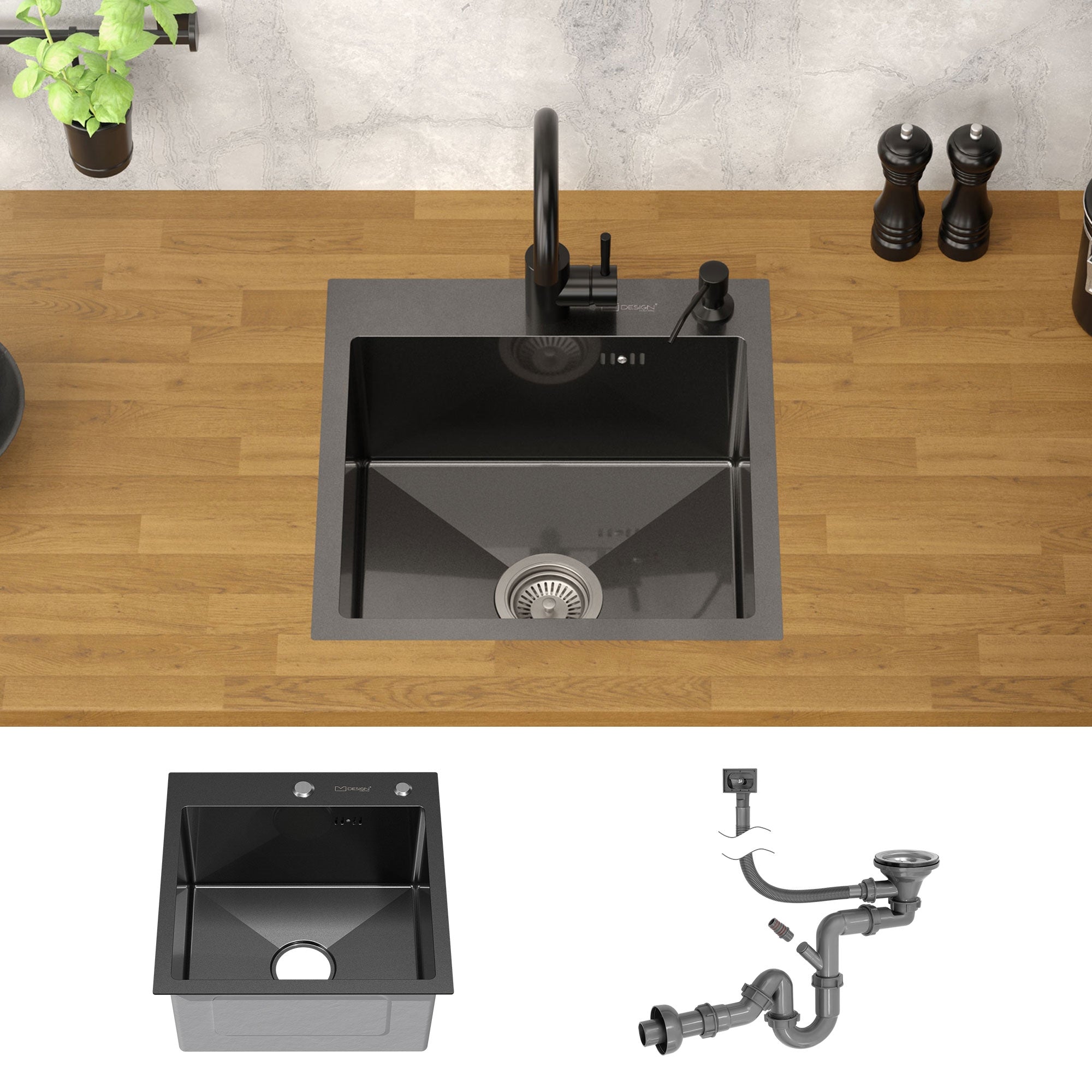 Kitchen sink with faucet on wooden worktop, below drain fitting.