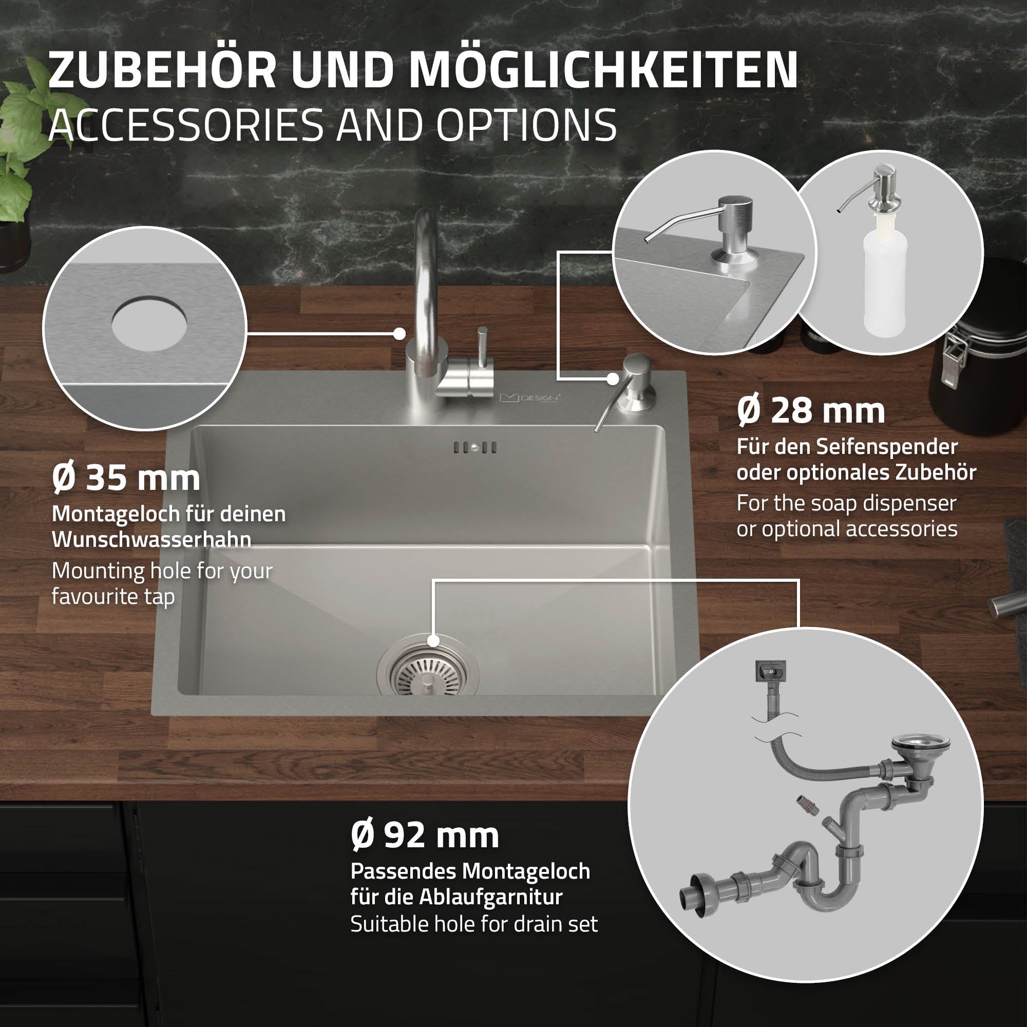 Kuchyňská pracovní deska s dřezem a příslušenstvím, včetně pokynů k montáži.