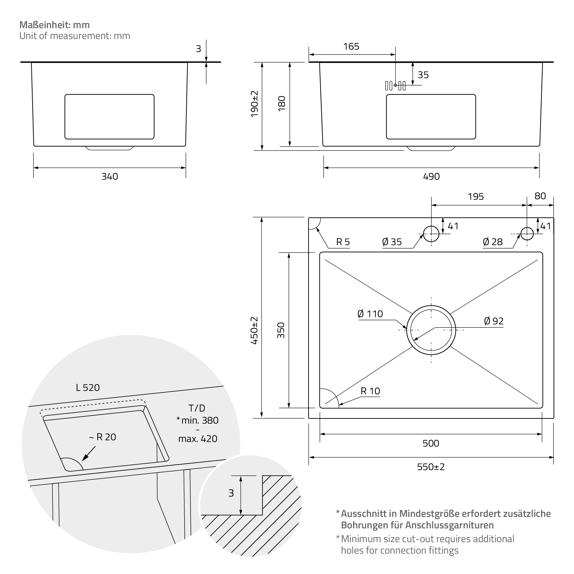 Technische tekening van een wastafel met afmetingen in millimeters.