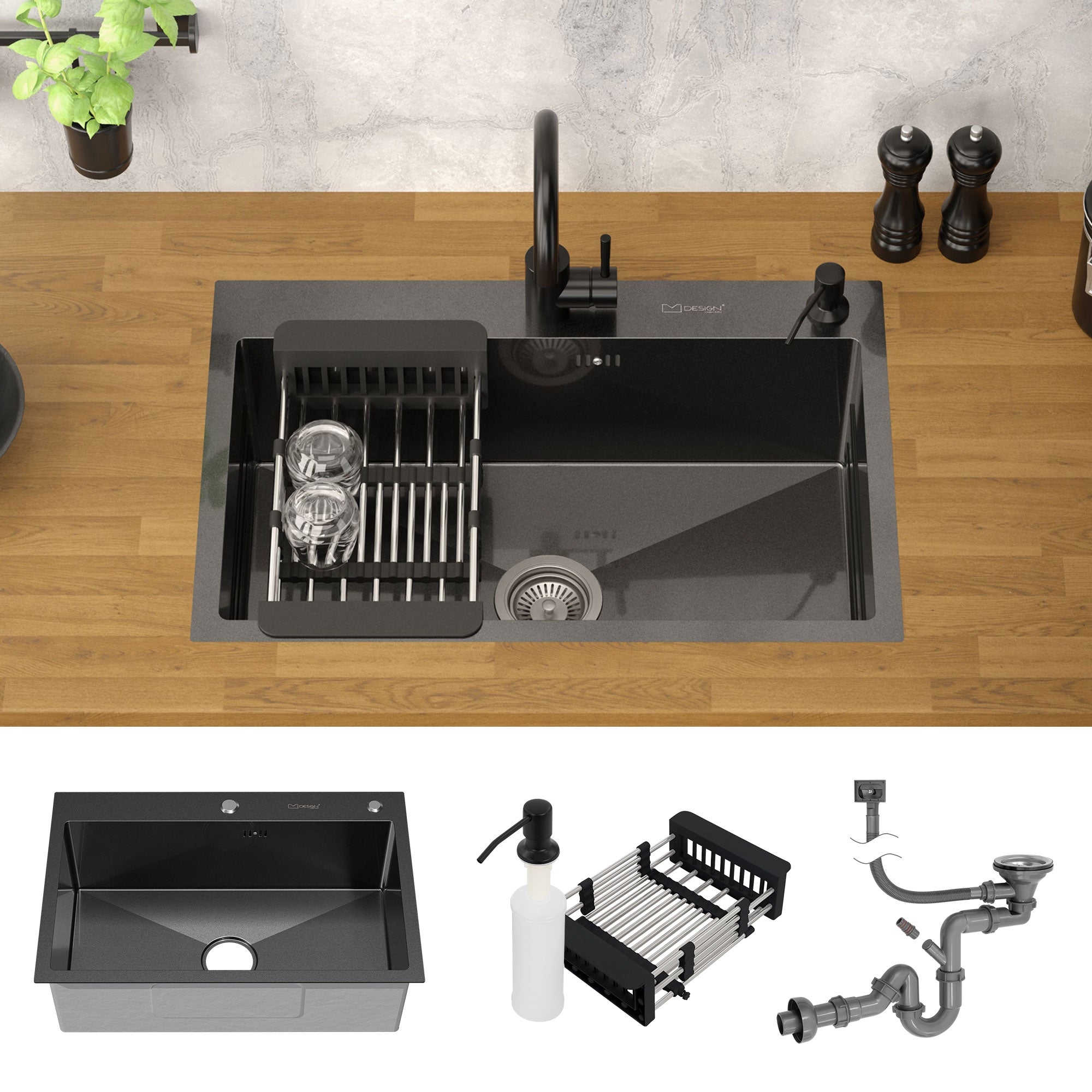 Fregadero de cocina con platos, escurridor y grifo sobre trabajo de madera