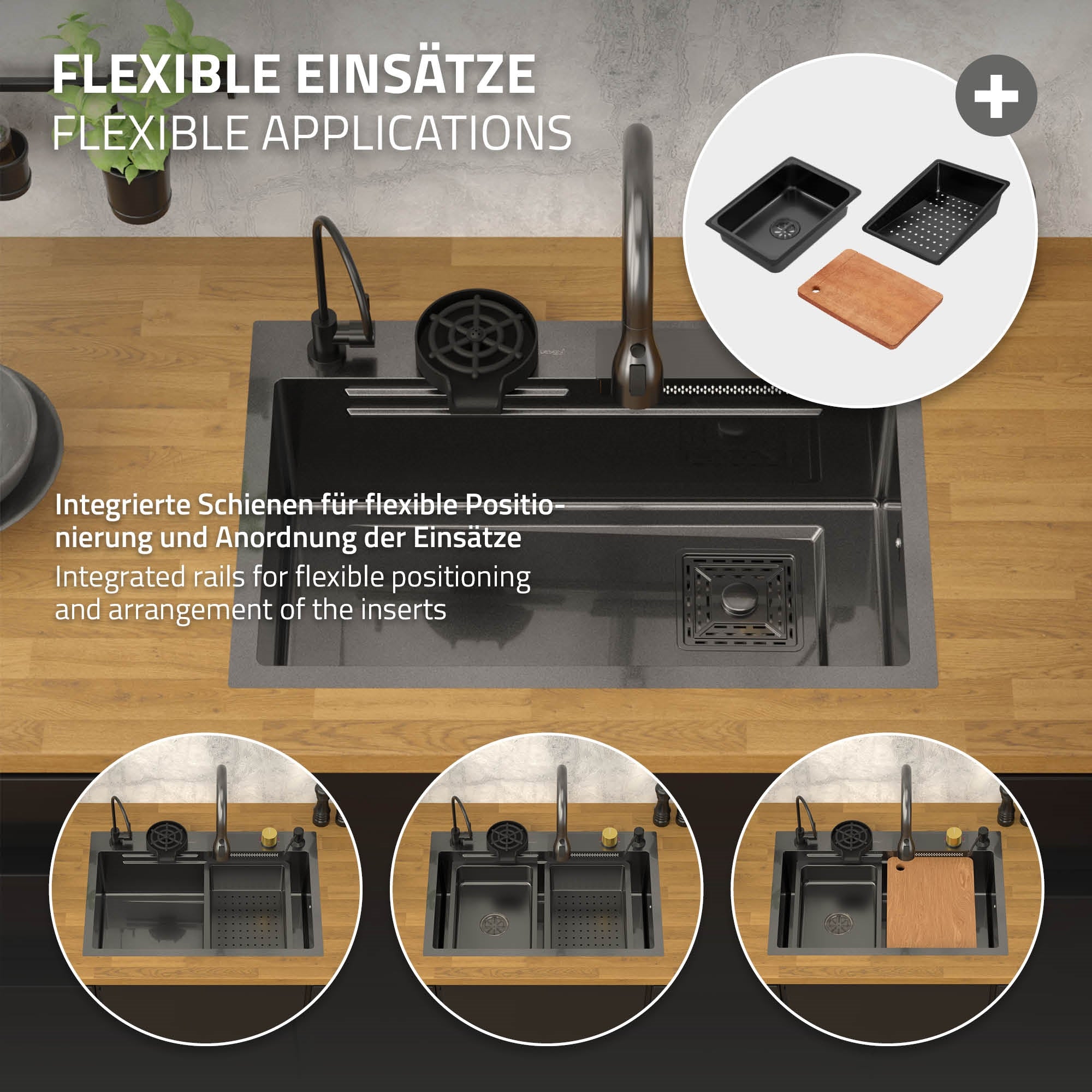 Diagramm mit flexiblen Einsätzen für eine Spüle.