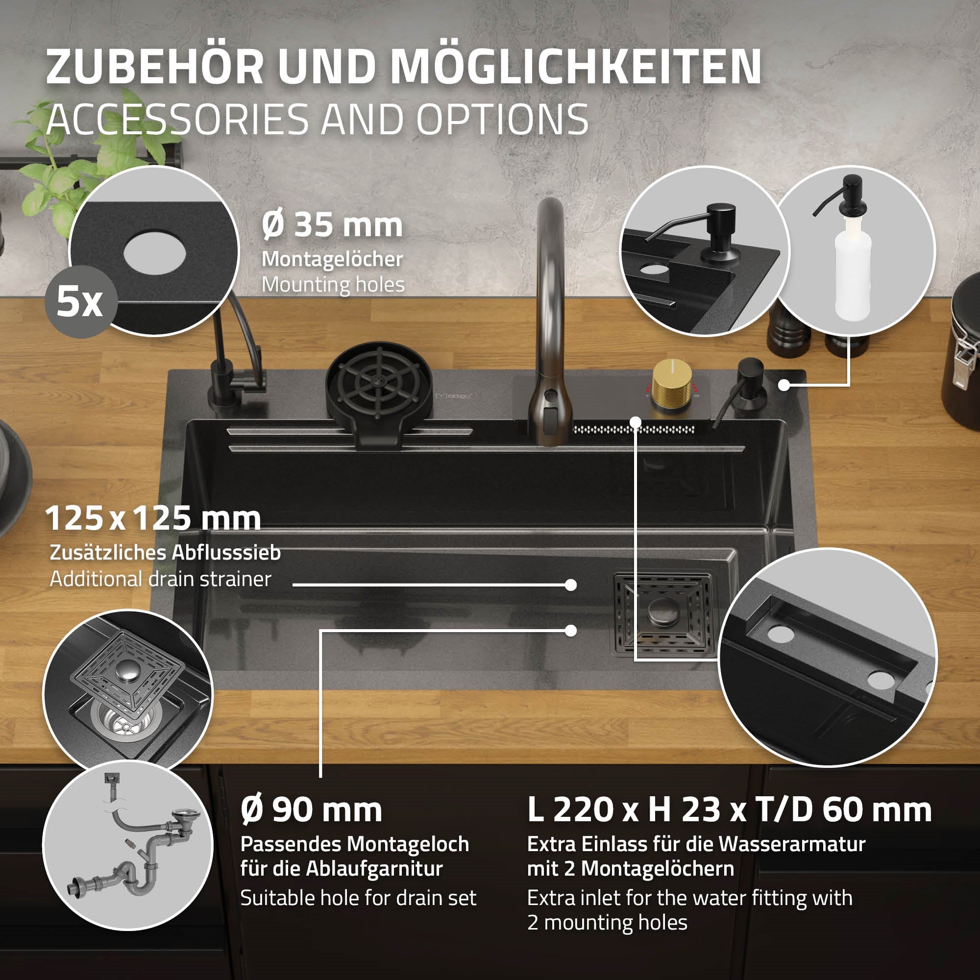 Diagram kiegészítőkkel és szerelési információkkal egy mosogatóhoz.