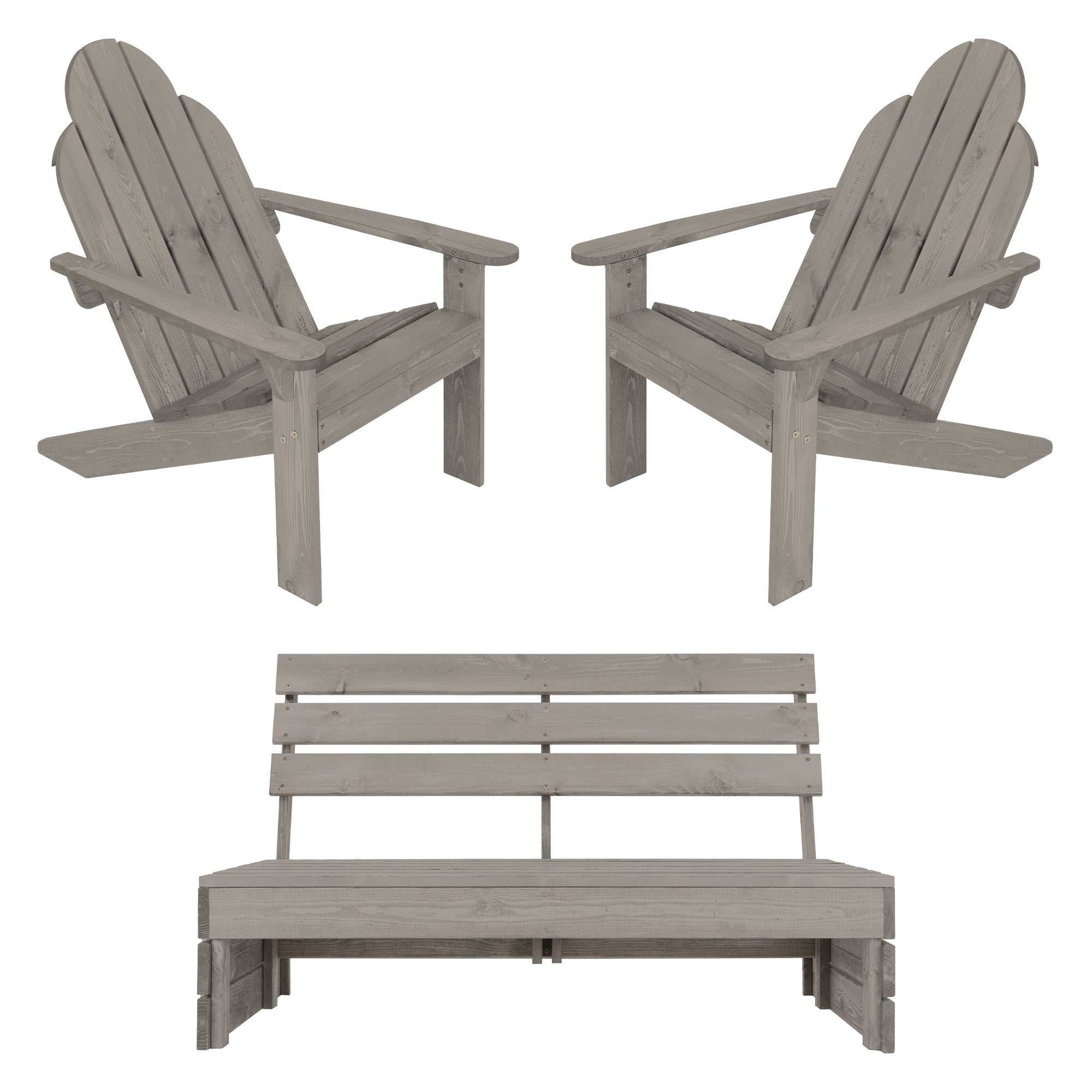 Due sedie in legno grigio e una panchina da giardino in una vista.