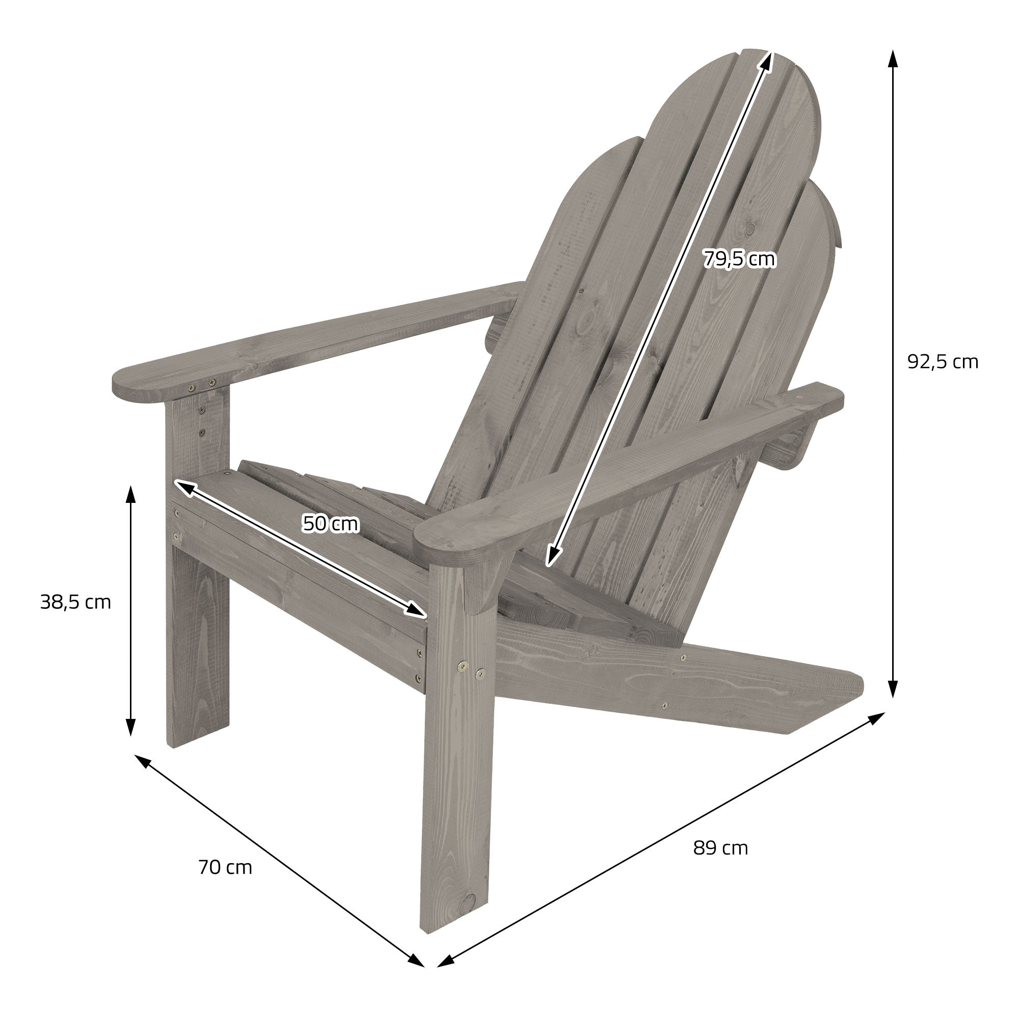 Een houten ligstoel met maatgegevens in centimeters.
