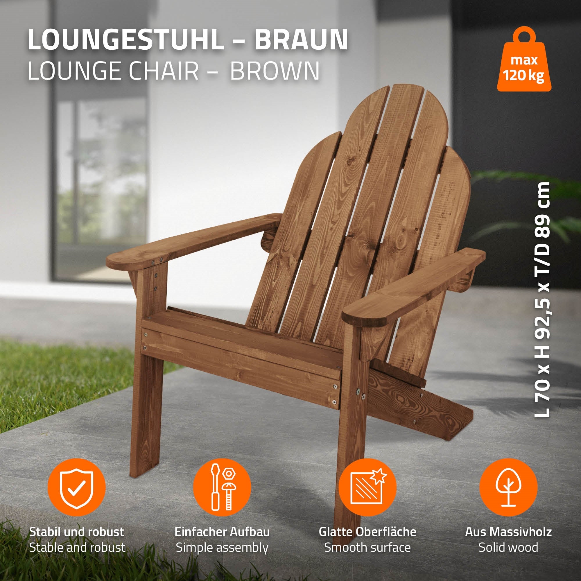 Hnědá lounge křeslo z dřeva se stabilní konstrukcí.