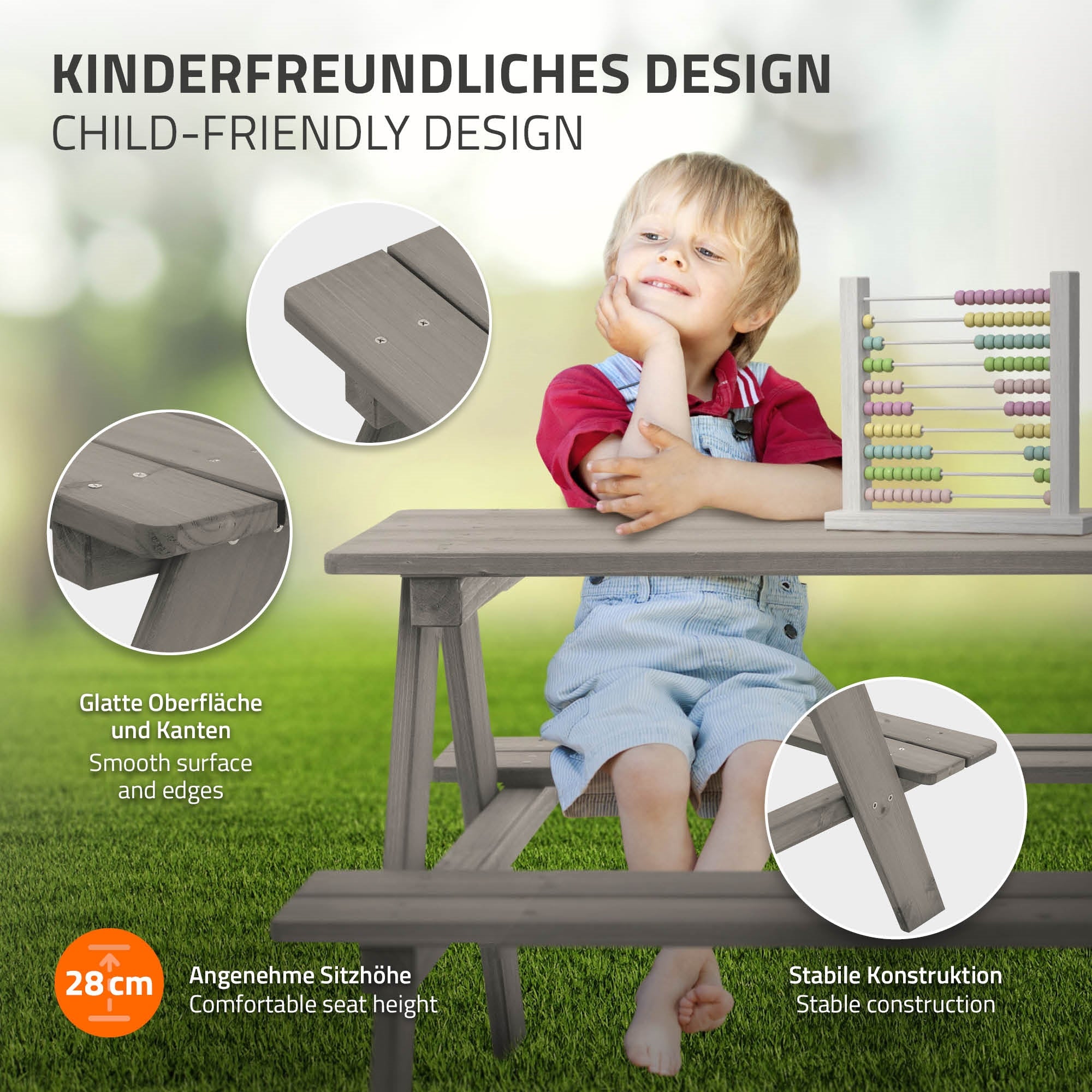 Child sitting at a table, pointing at a calculator.