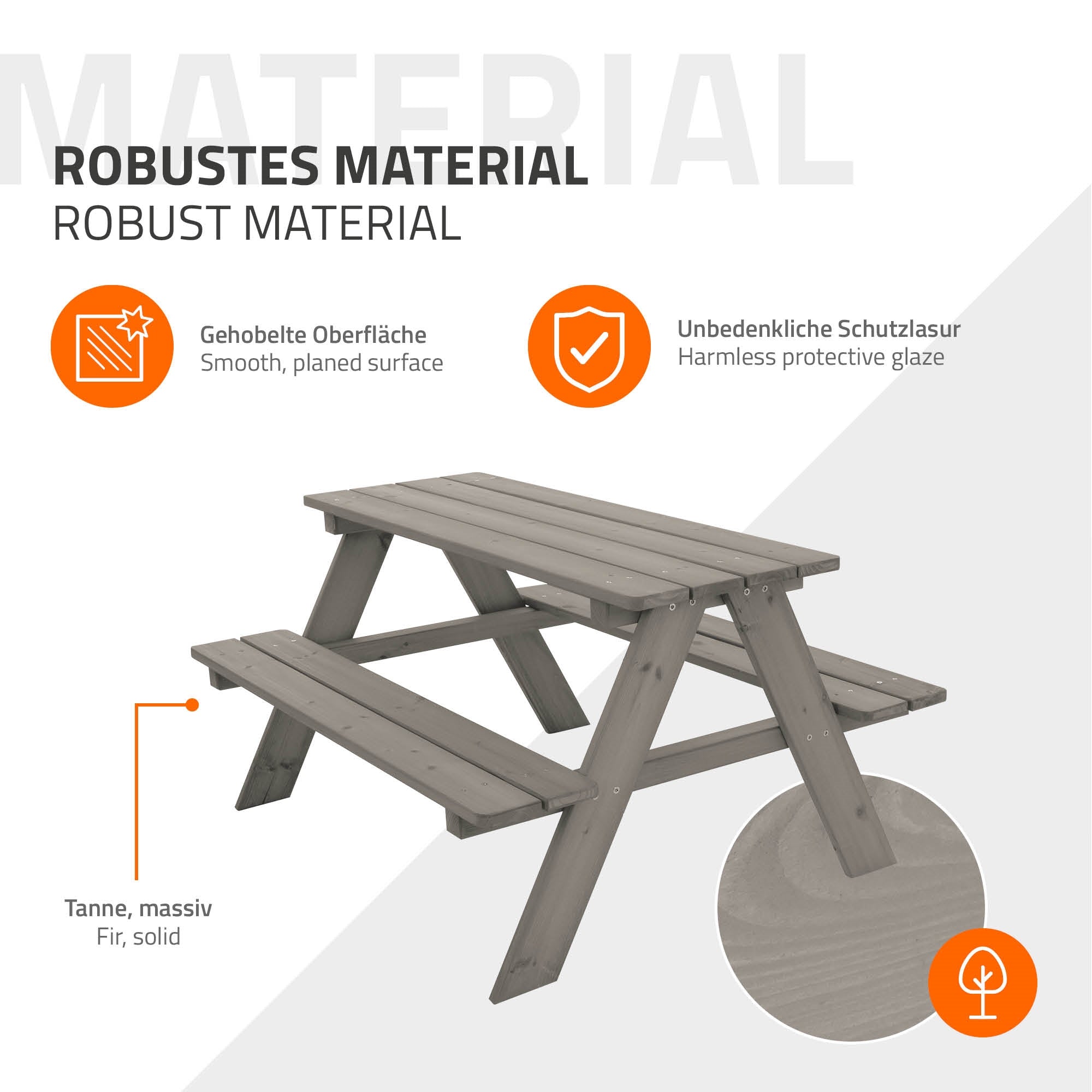 Wooden table with smooth surface and protective glaze, made of solid fir wood.