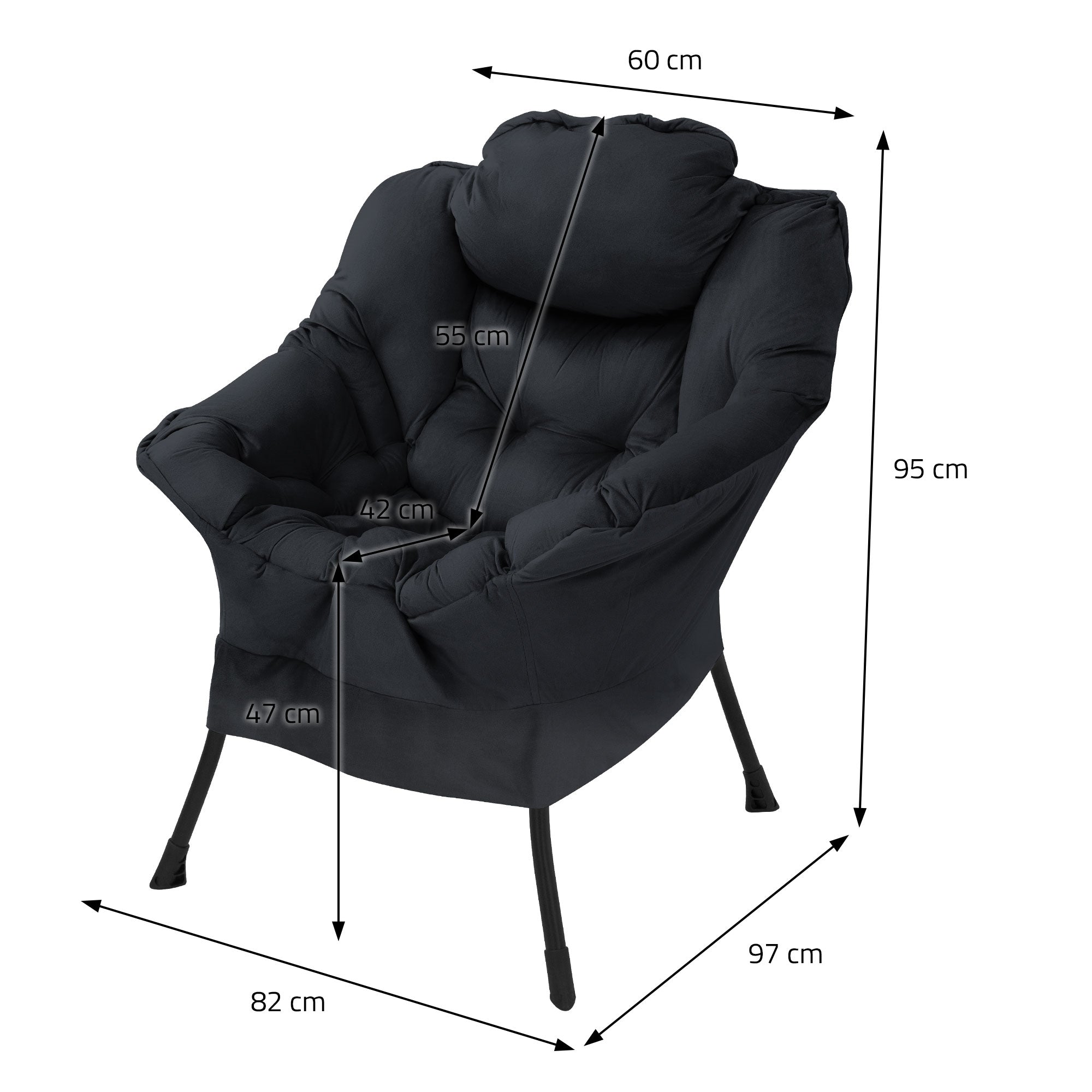 Black armchair with dimensions: 60 cm width, 95 cm height, 47 cm seat height.