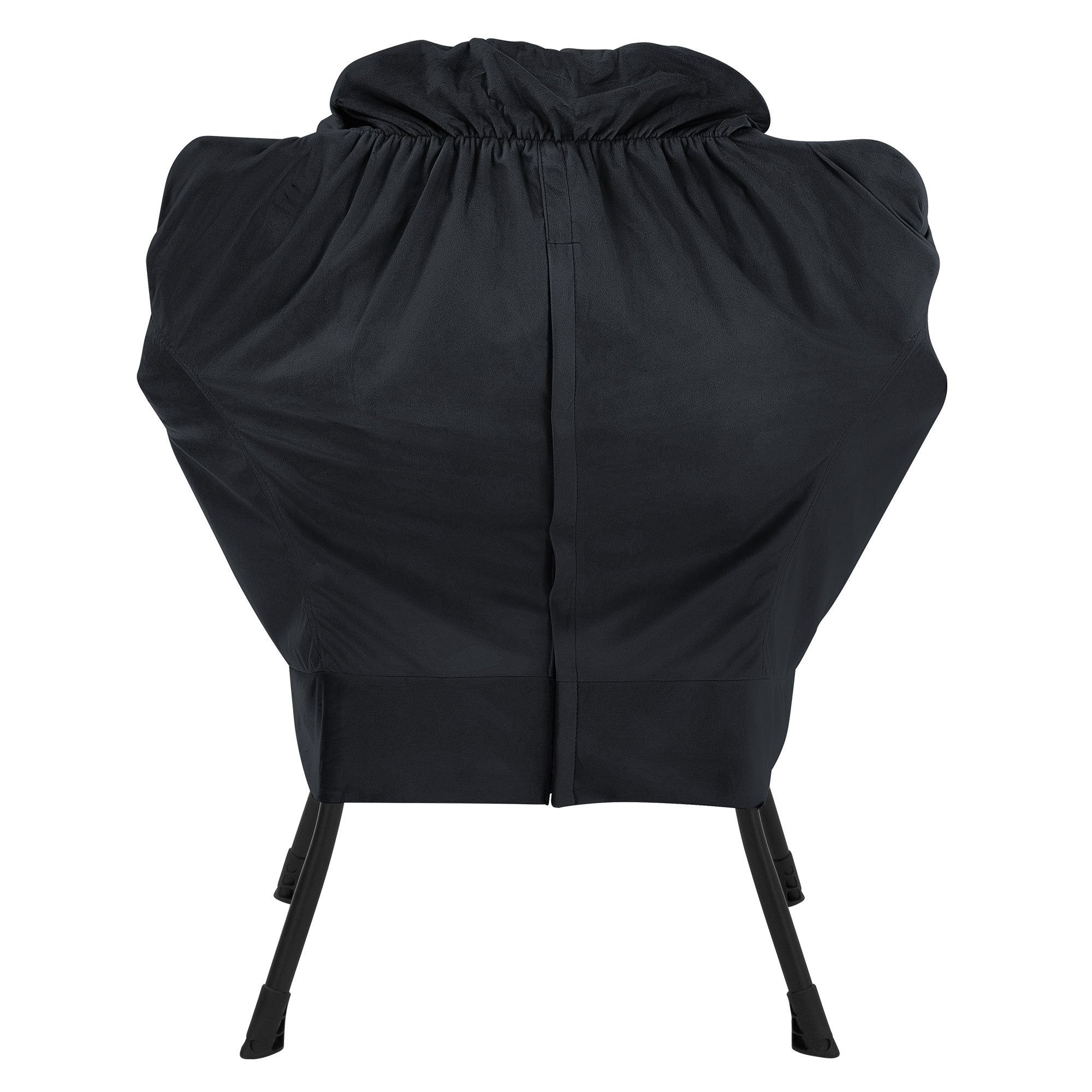 Black chair with covered backrest, on a stand.