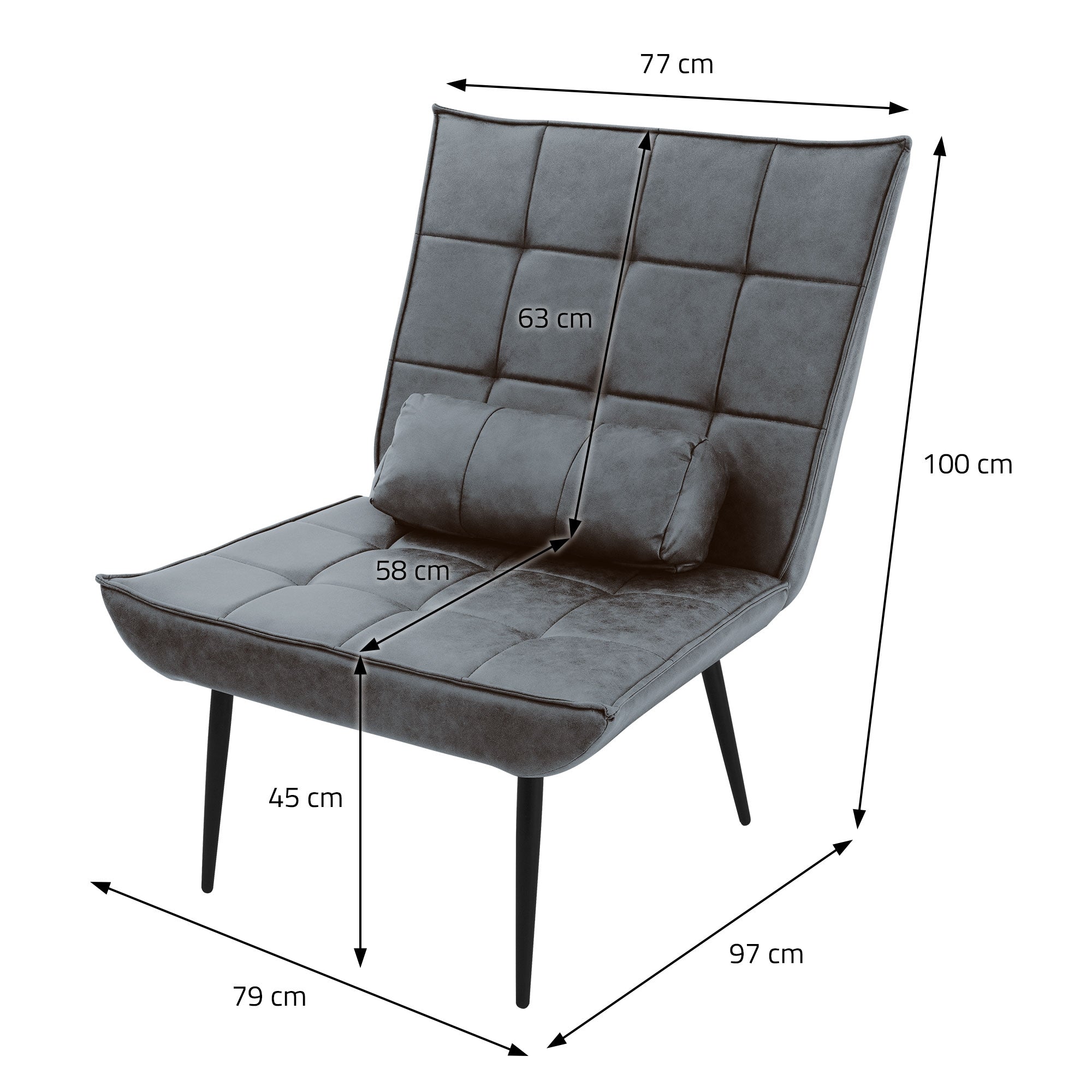 Grauer Sessel mit Maßen: 77 cm Breite, 100 cm Höhe, 45 cm Sitzhöhe.