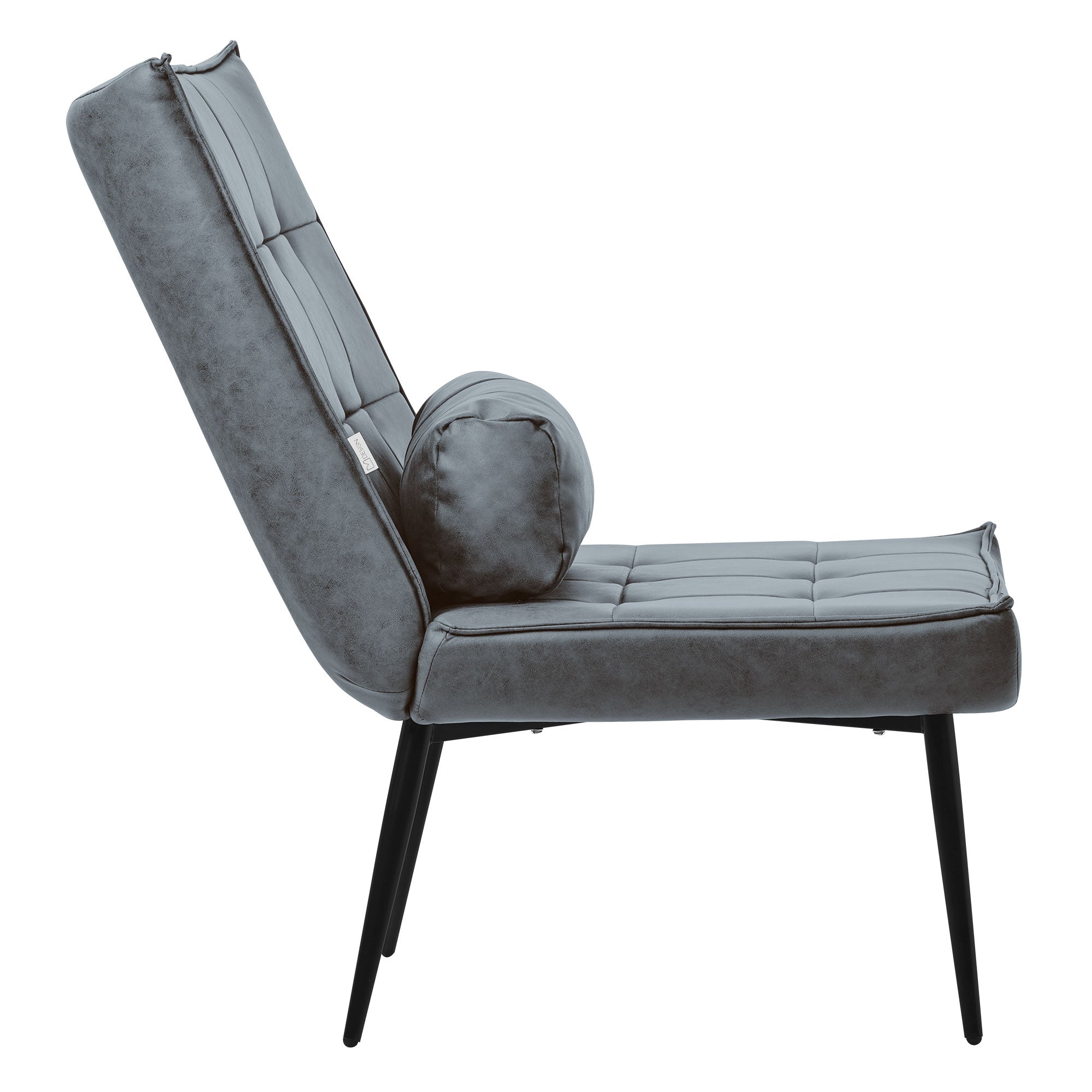 Grau-blauer Sessel mit rundem Kissen, seitliche Ansicht.