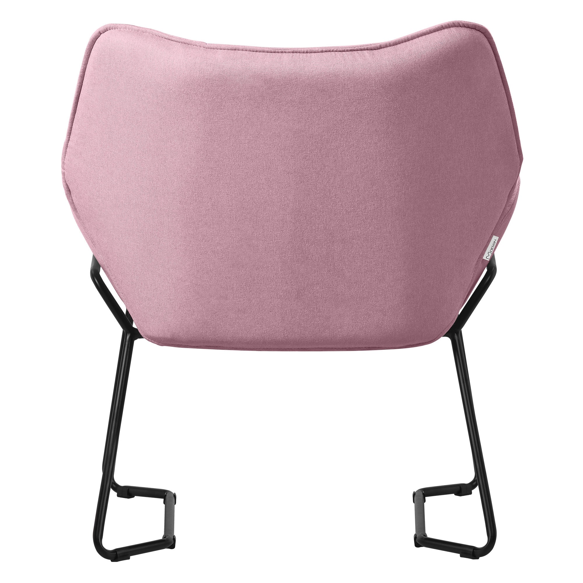 Ein rosa Sessel von hinten, mit einem schwarzen Gestell.