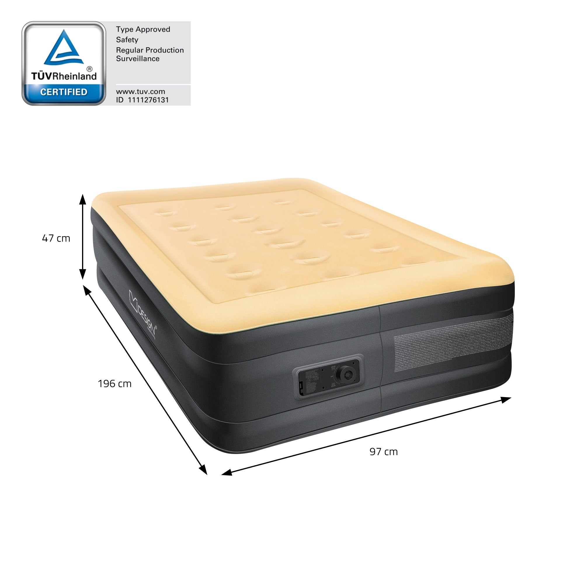 Een opblaasbare matras met afmetingen die een comfortabele slaapoppervlakte toont.