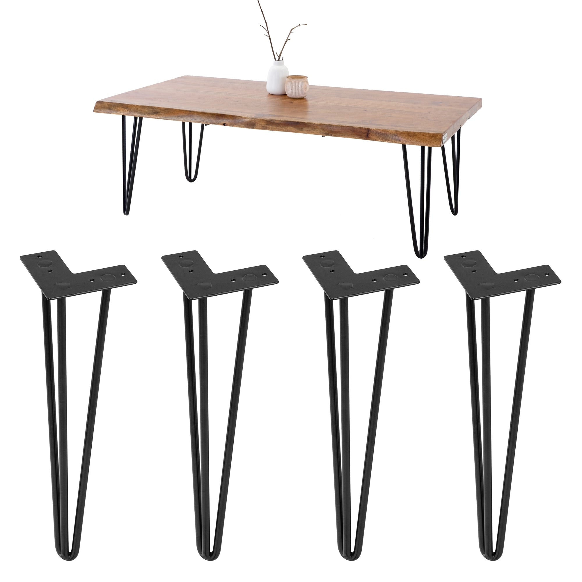Mesa de madera con dos jarrones y cuatro patas de mesa.