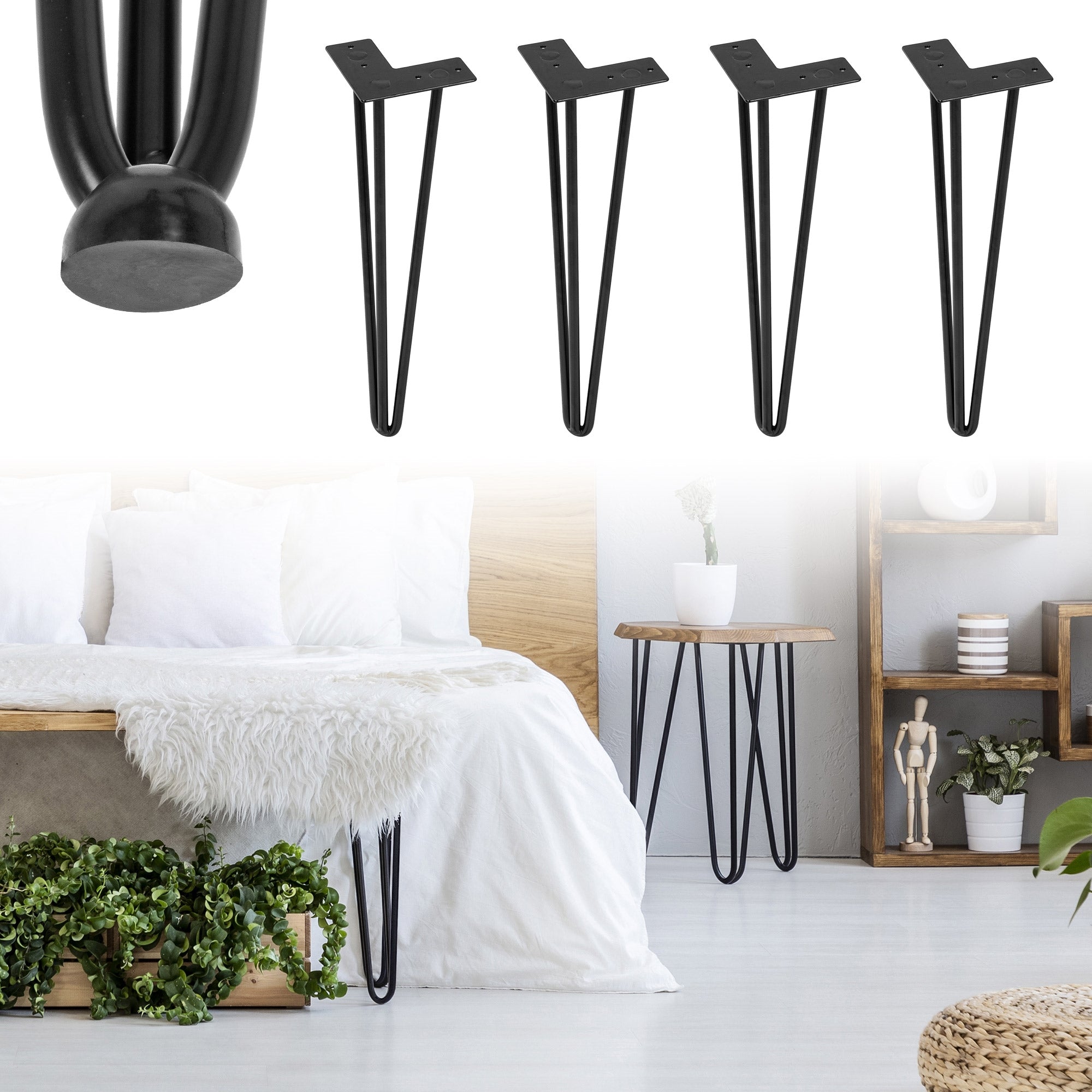 Patas de mesa negras y una habitación con una cama, almohadas y plantas.