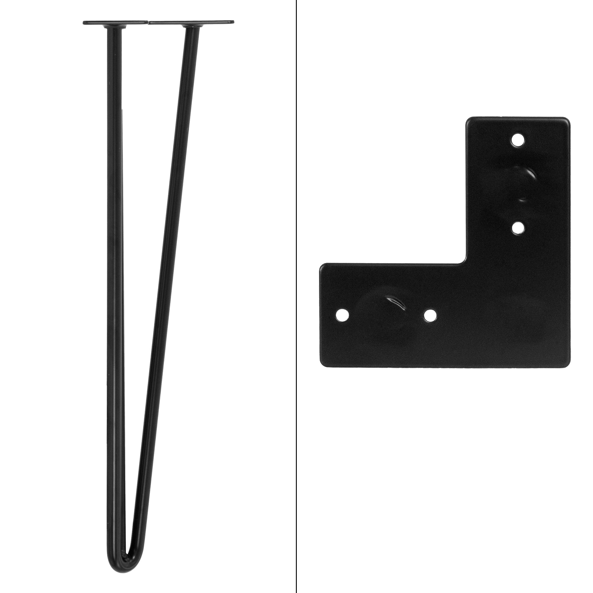 Dos patas de metal negro para muebles, dispuestas en un diseño en forma de V.