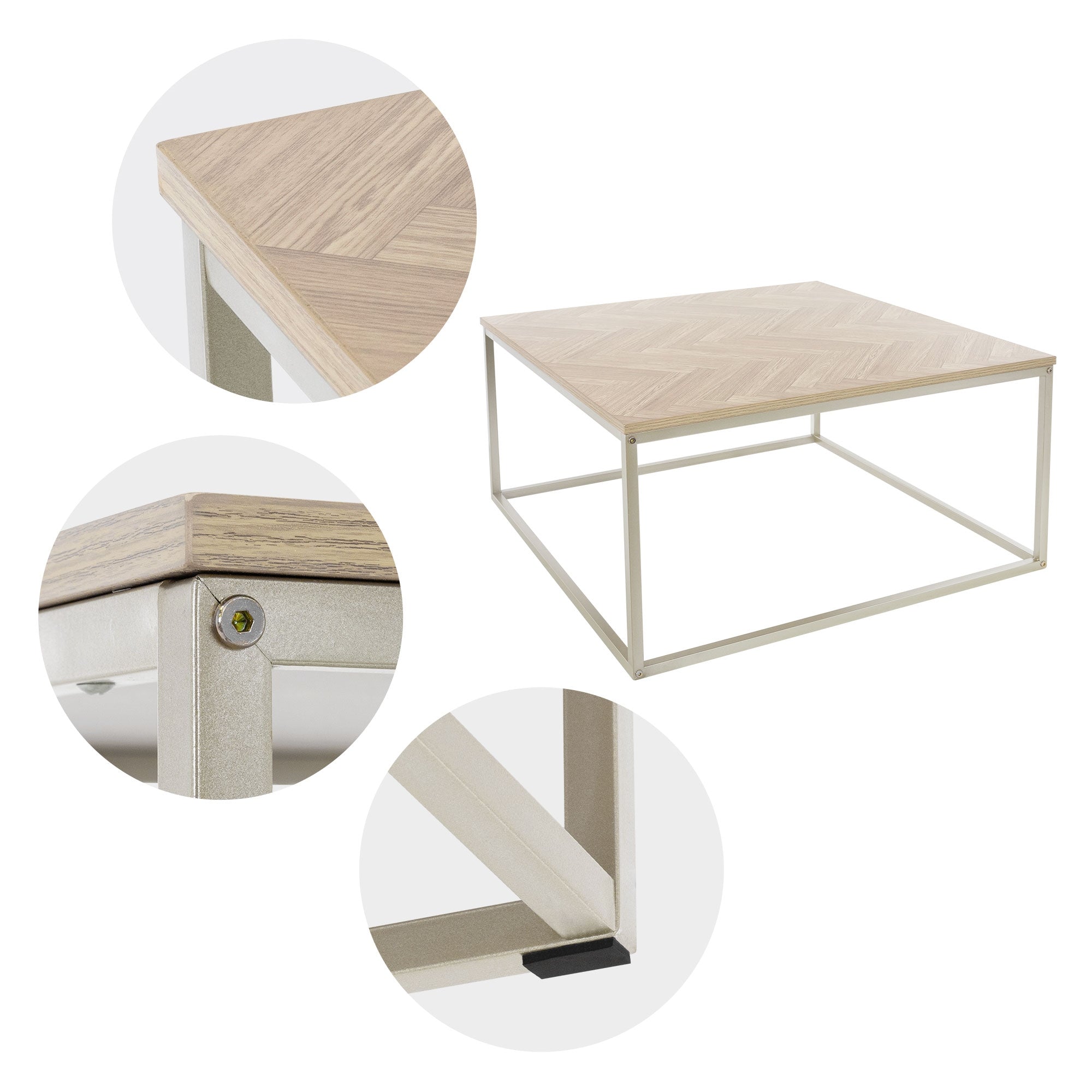 A square coffee table with a wood surface and a metallic frame.