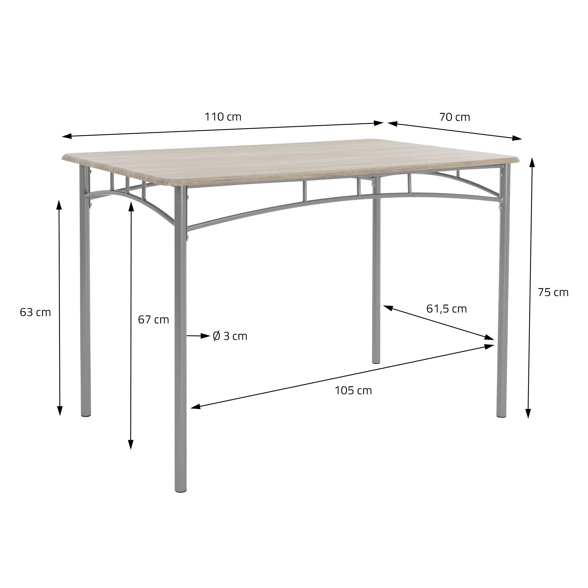 Una mesa con medidas y una superficie de madera, que se apoya en una estructura de metal.