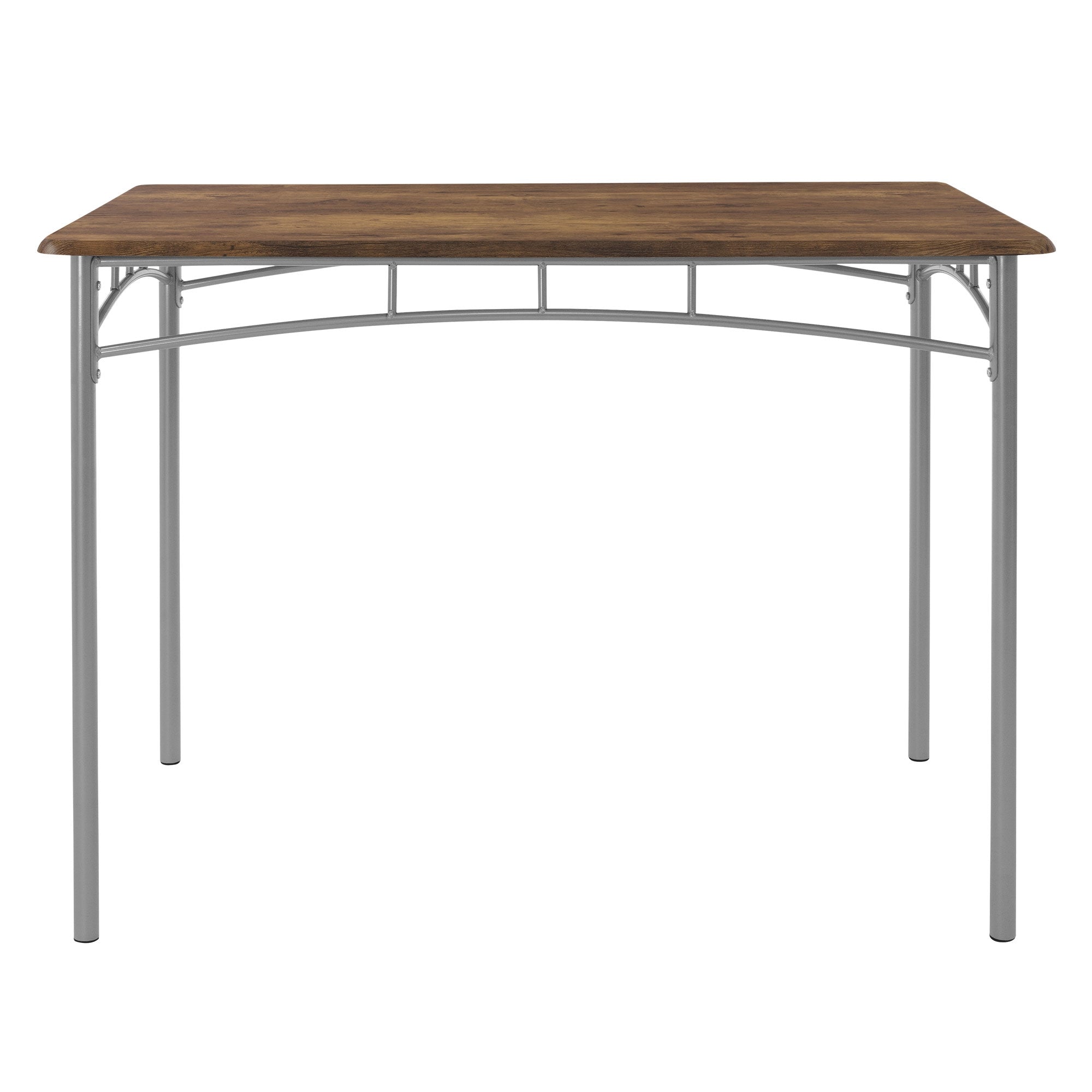 Un tavolo con piano in legno e struttura in metallo argentato.
