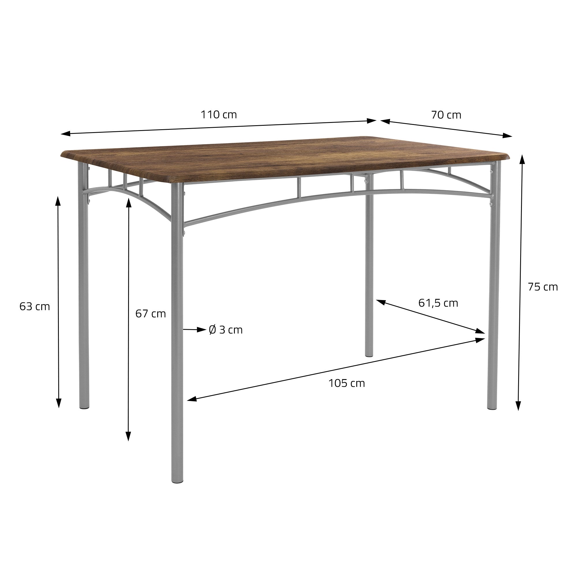 Grafica di un tavolo da pranzo con misure: 110 cm x 70 cm, altezza 75 cm.