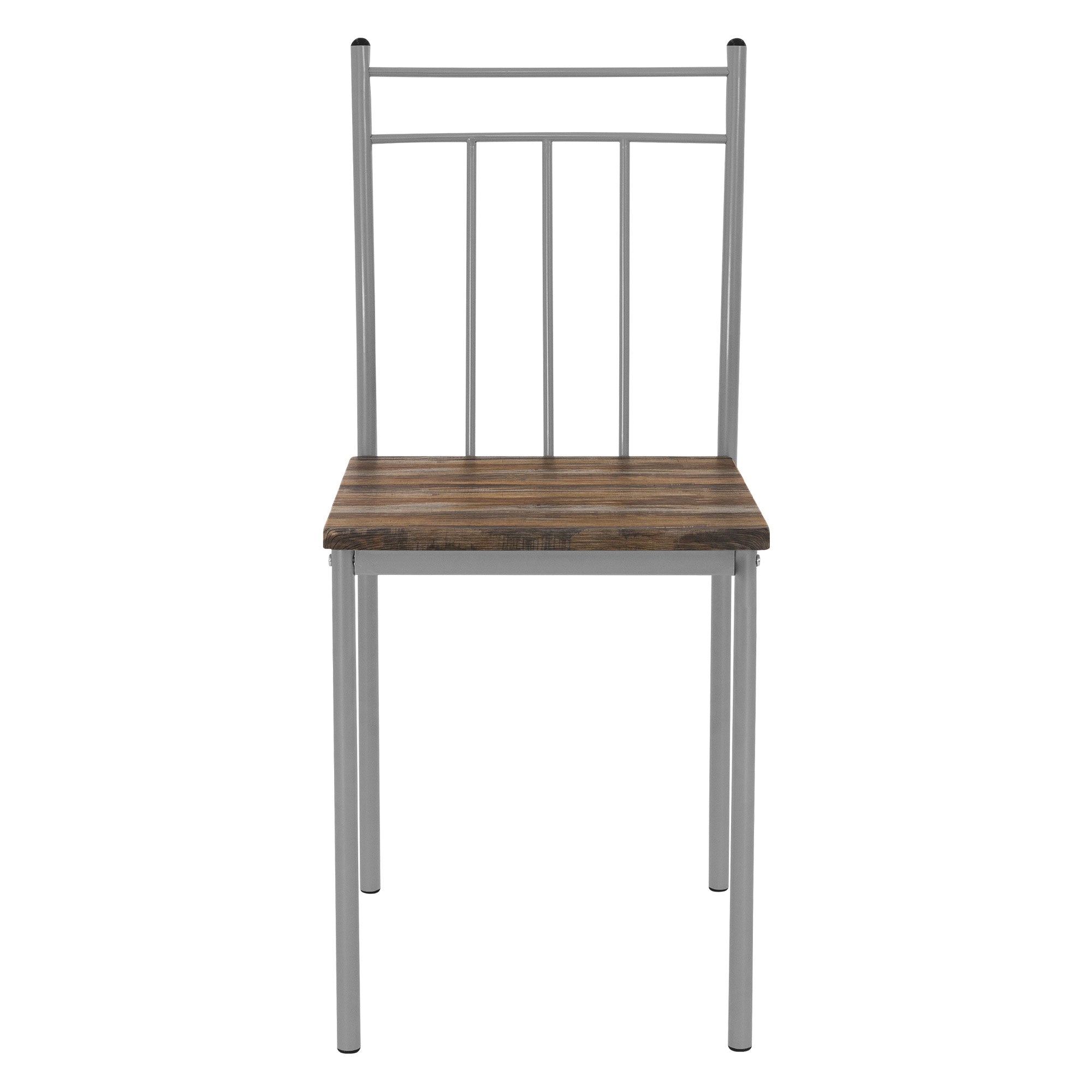 Sedia con sedile in legno e struttura in metallo, ripresa frontalmente.