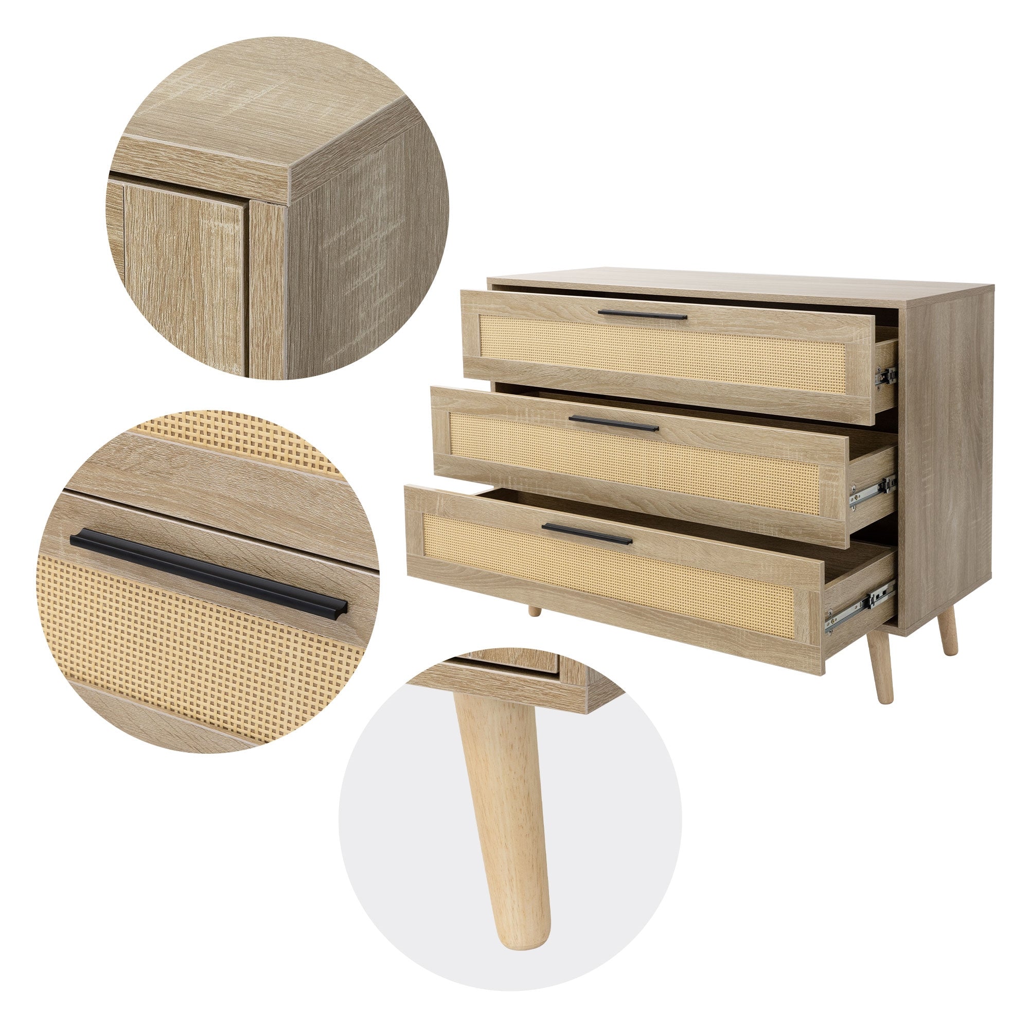 Detailansicht eines Möbelstücks mit Schubladen und Holzbeinen, Rattan-Elementen.