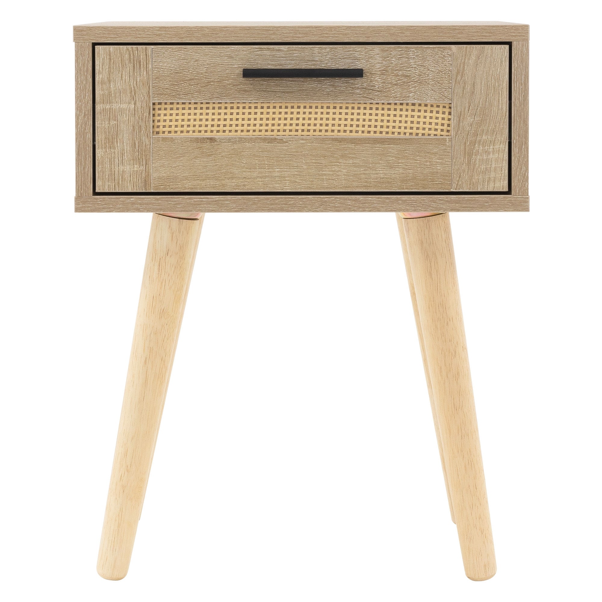 Cassetto in legno con elemento in rattan e gambe in legno.