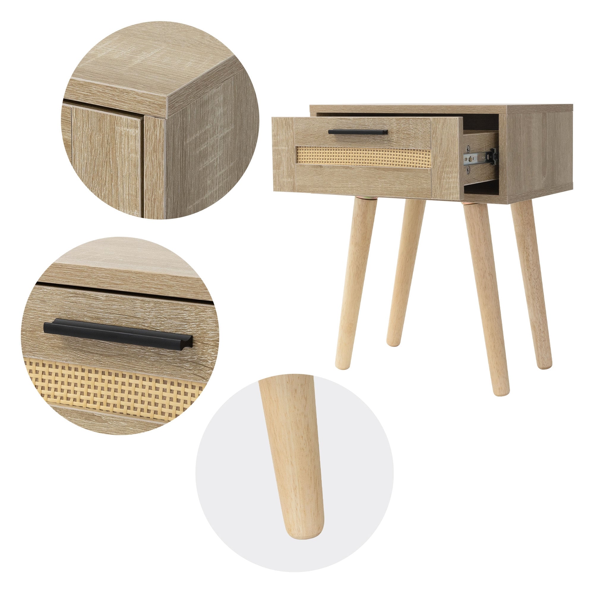 Detail view of a nightstand with drawer and legs.