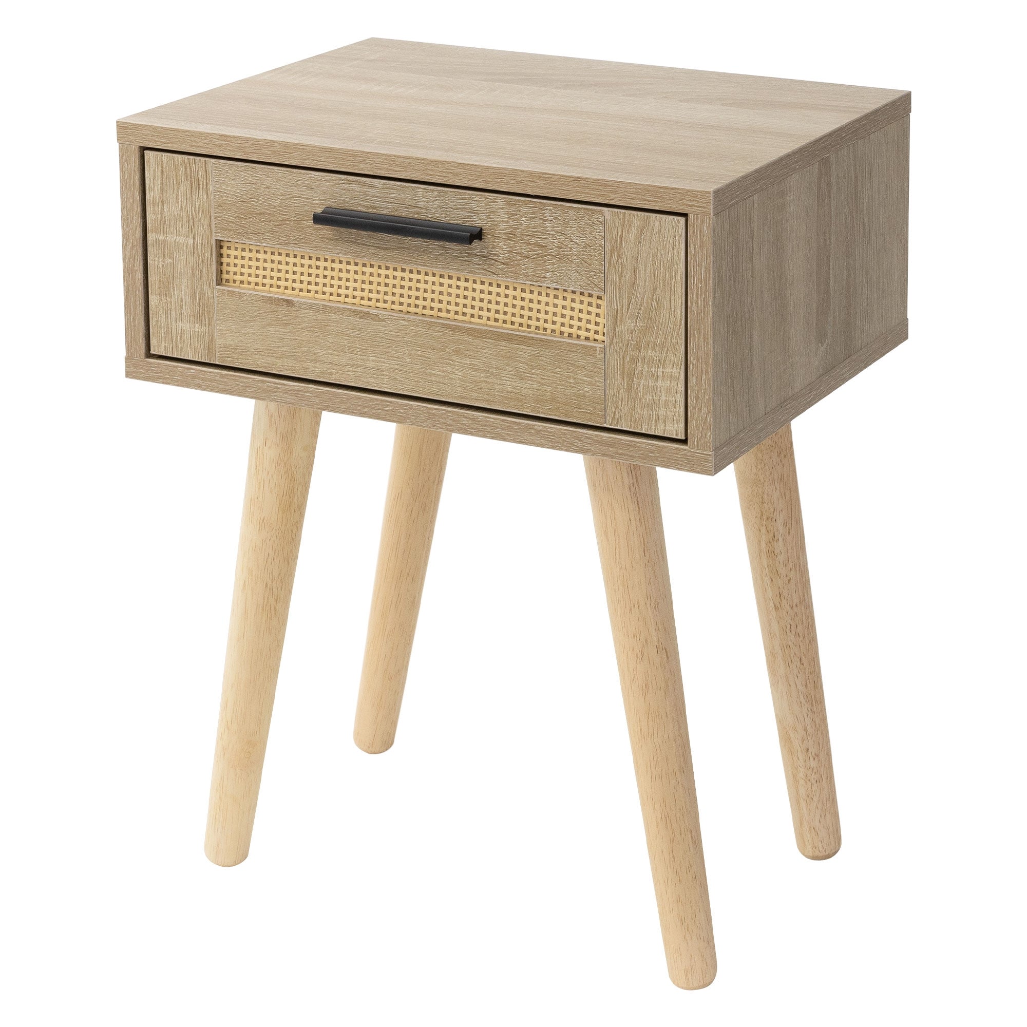 Comò in legno con un cassetto ed elemento in rattan, su quattro gambe.
