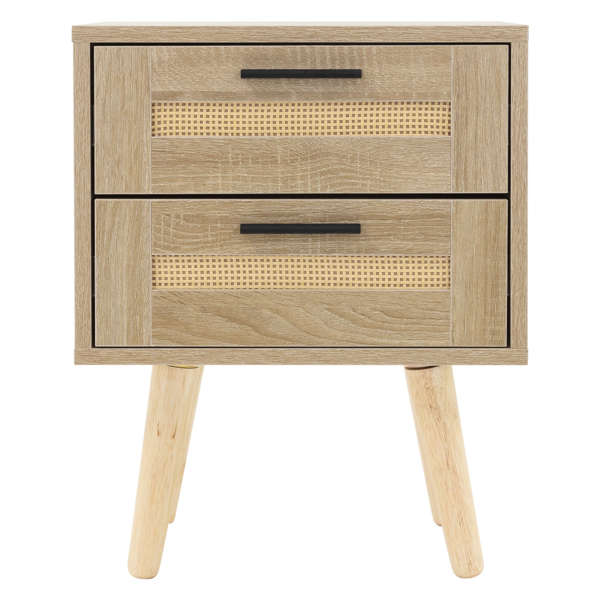 Comò in legno con due cassetti ed elementi in rattan, su quattro gambe.