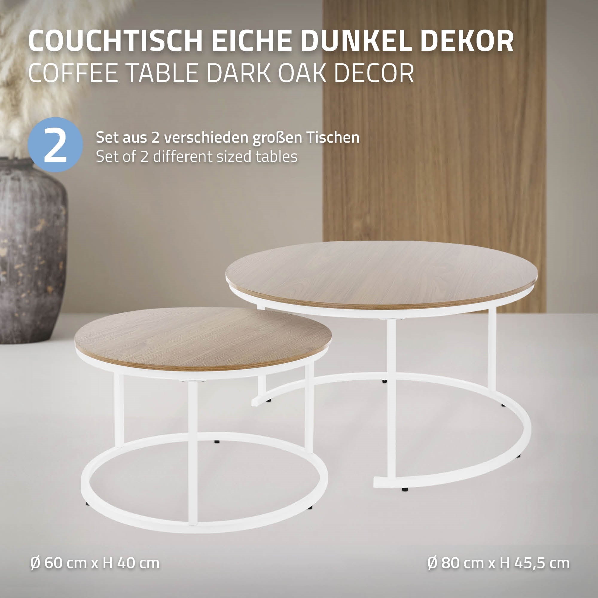 Deux tables basses de différentes tailles, avec des surfaces claires et foncées.