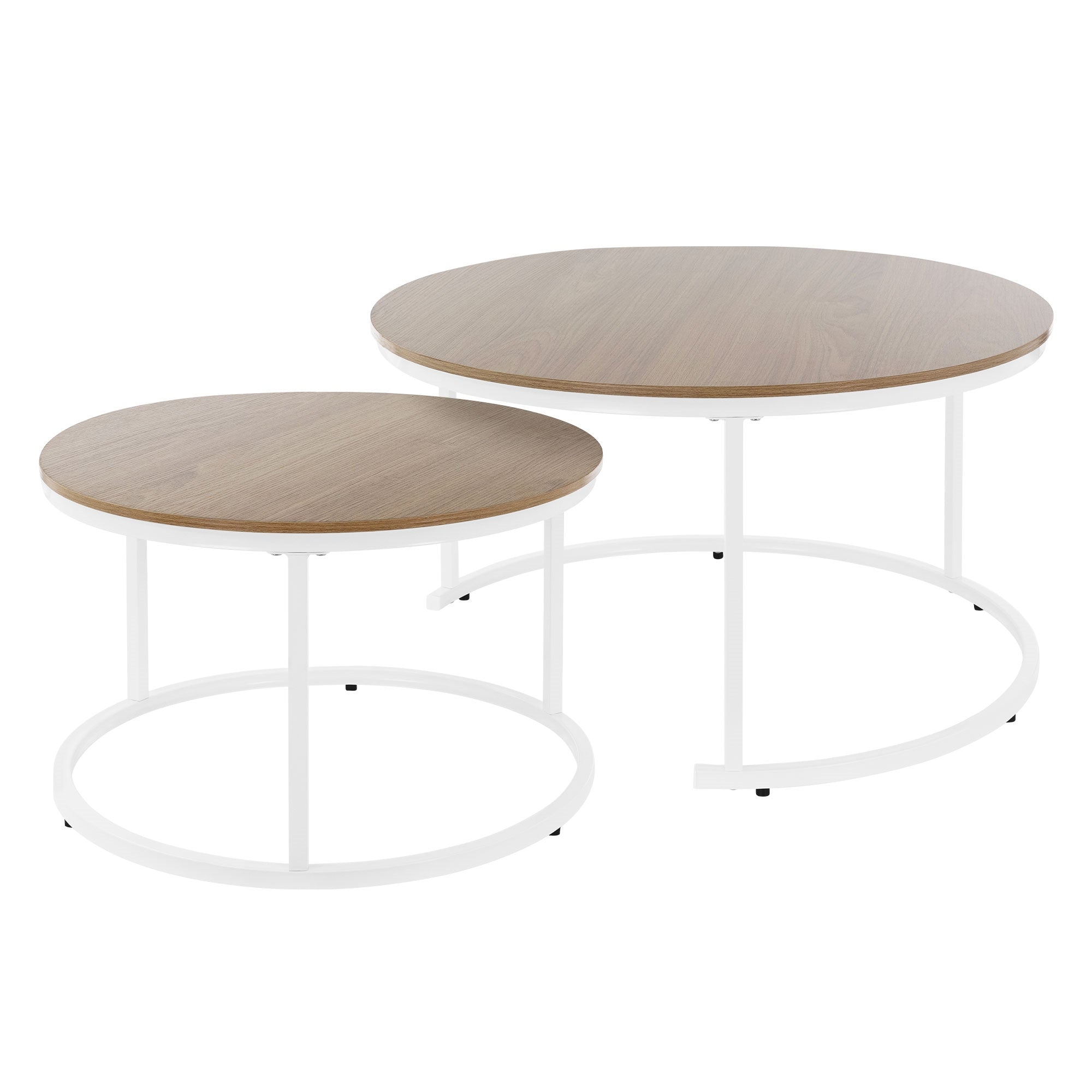 Deux tables basses rondes avec surface en bois et structures en métal blanc.