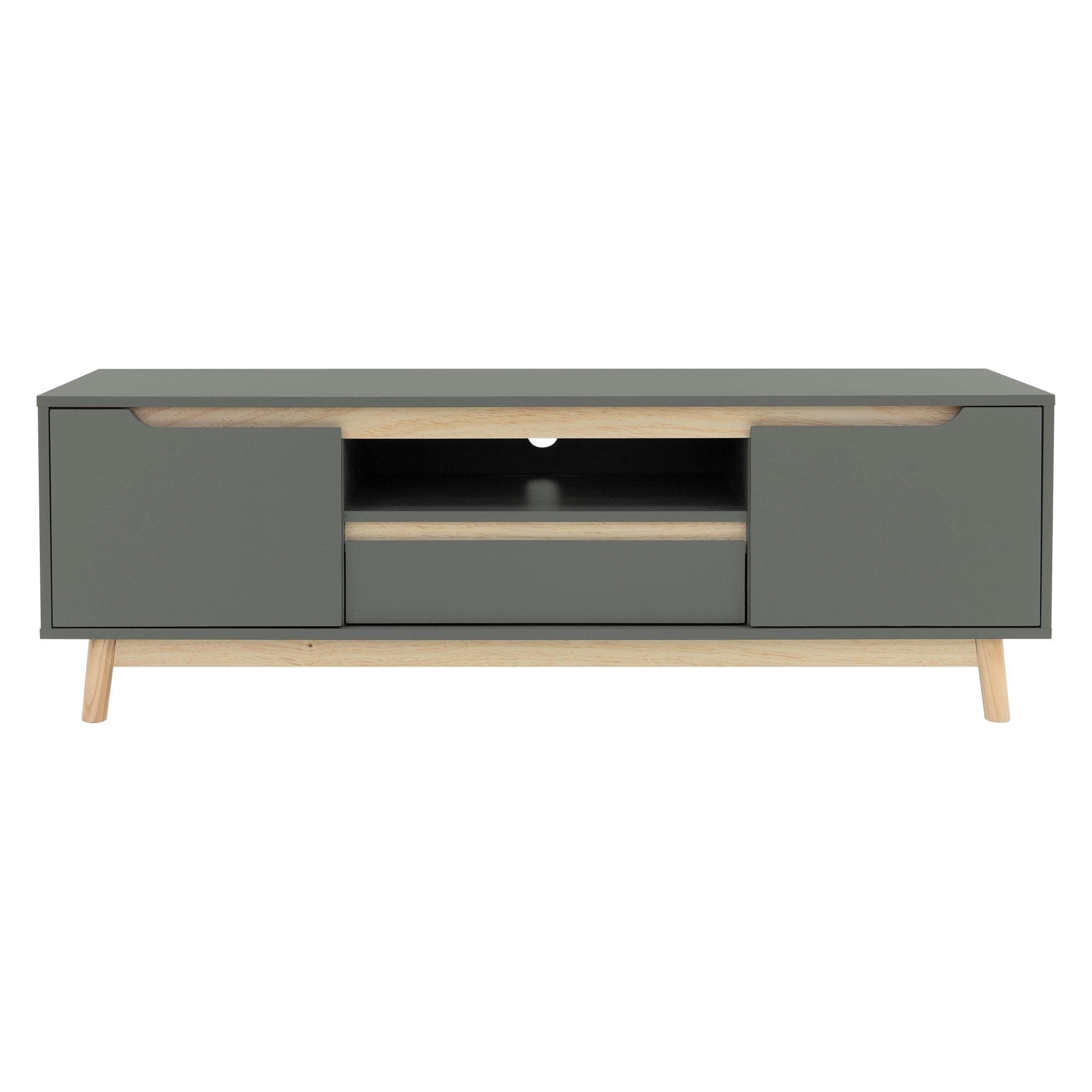 Un mobile TV grigio con due porte e un cassetto su gambe in legno.