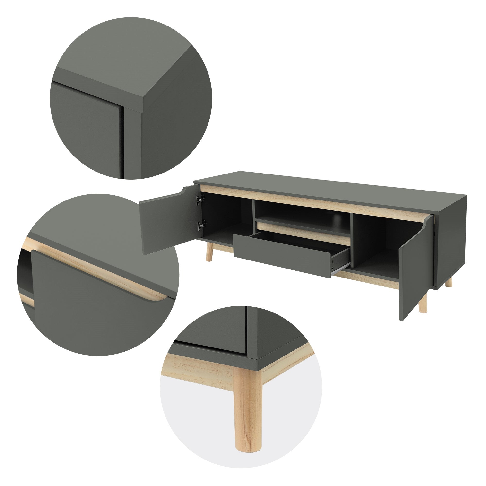Dettagli di un mobile con cassetto e gambe in legno.
