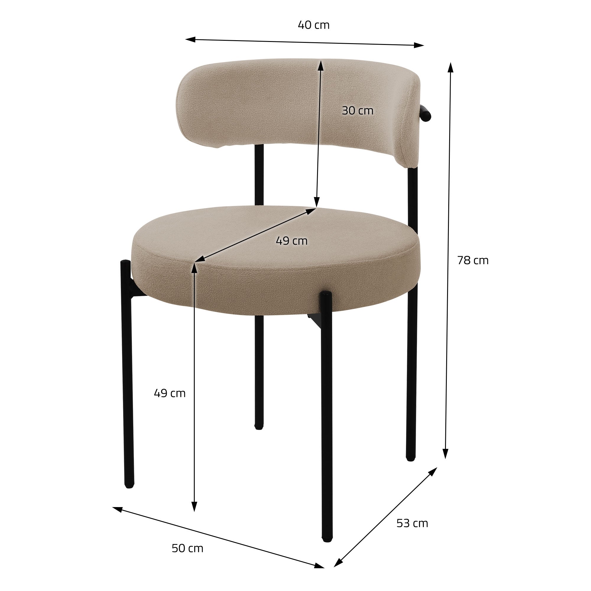Måltegning af en stol med dimensioner i cm.