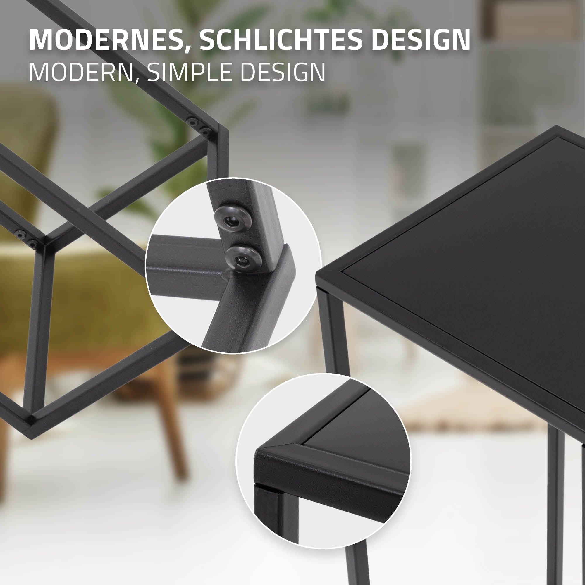 Detaljebillede af et bordstel med moderne design og skruer.