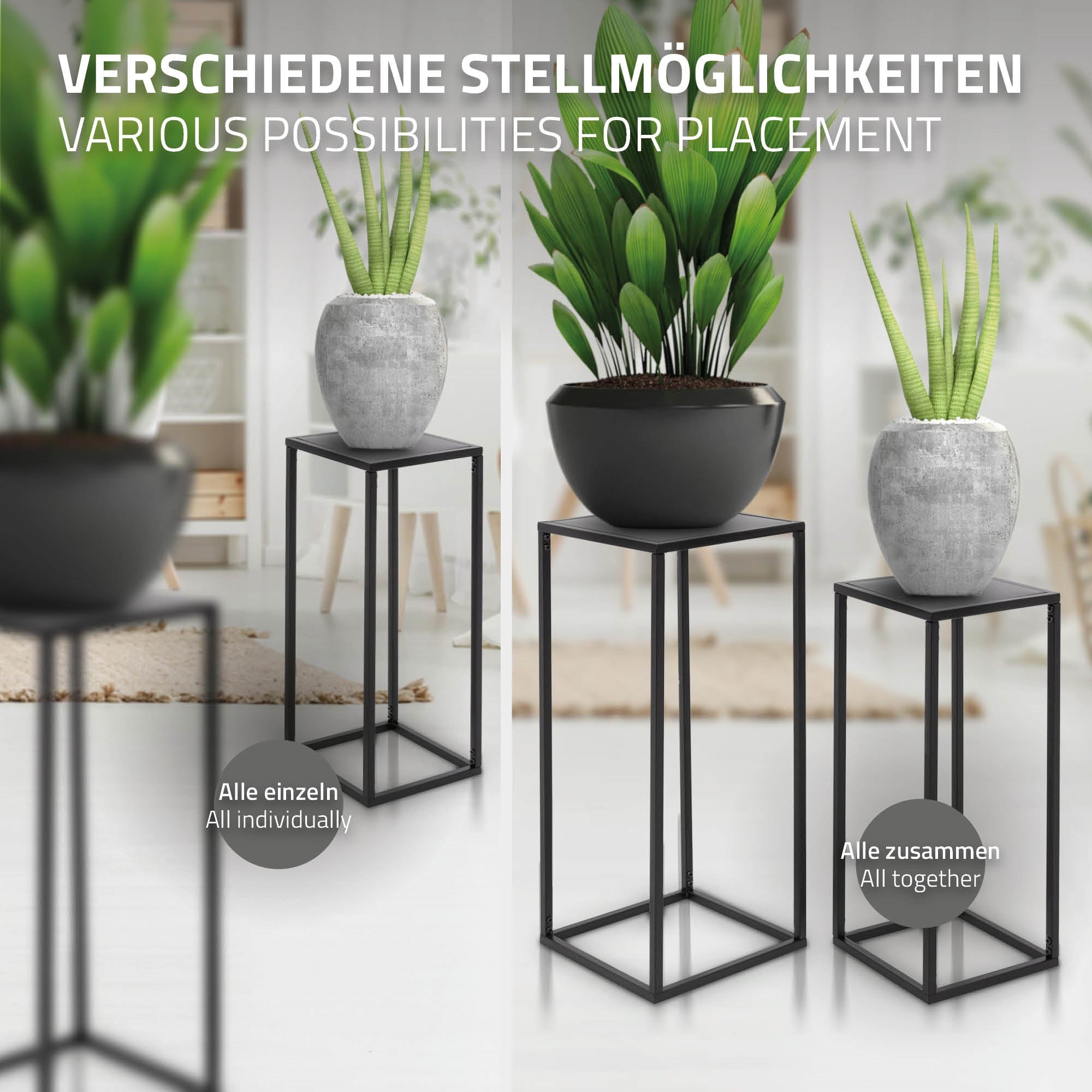 Tre planter i potter på forskellige stativer, forskellig arrangement.