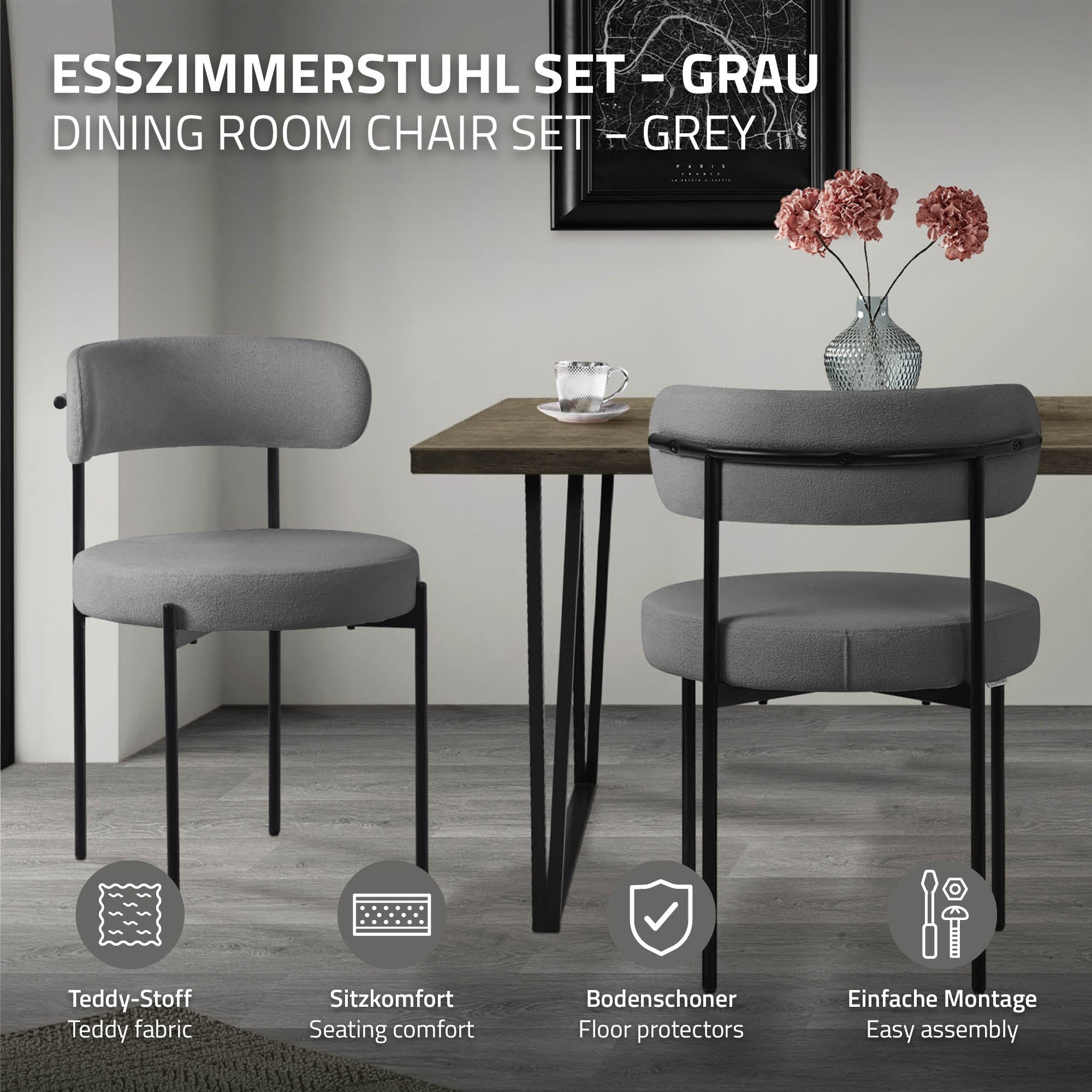 Silla de comedor gris en una mesa, con un jarrón y un protector de mesa.