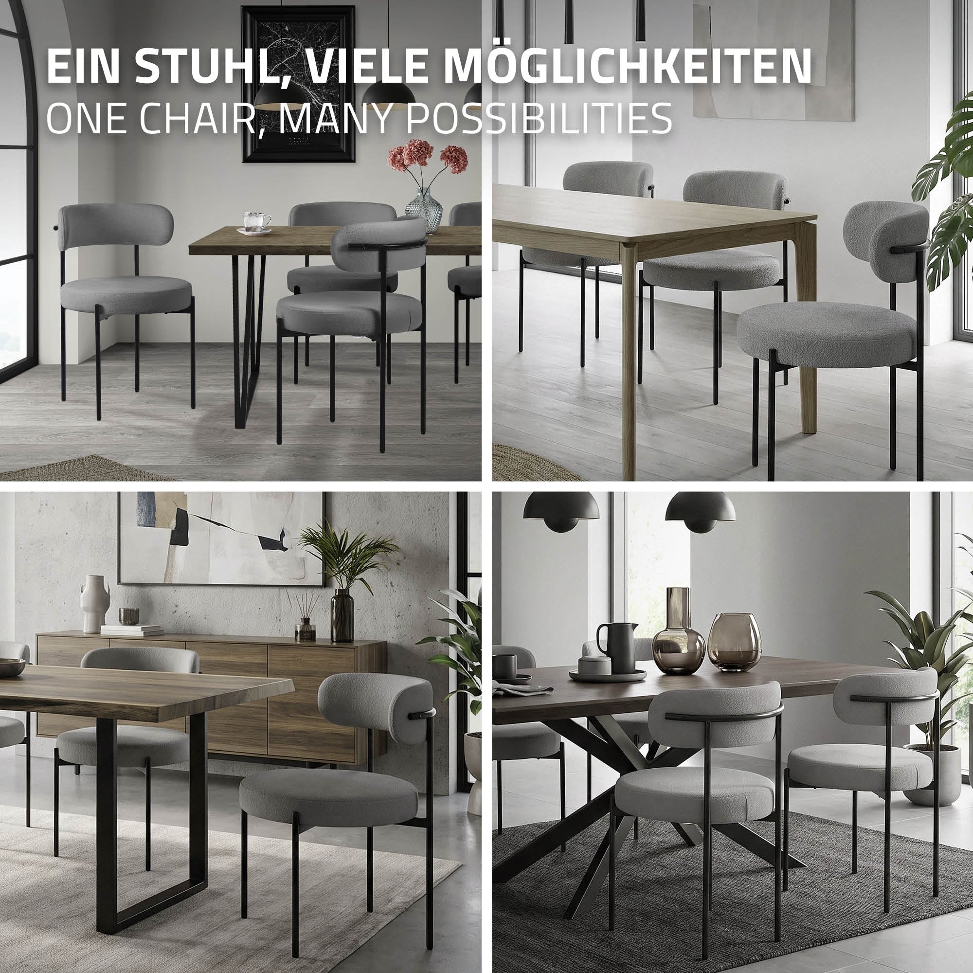 Különböző székek egy modern étkezőben asztallal és dekorációval.