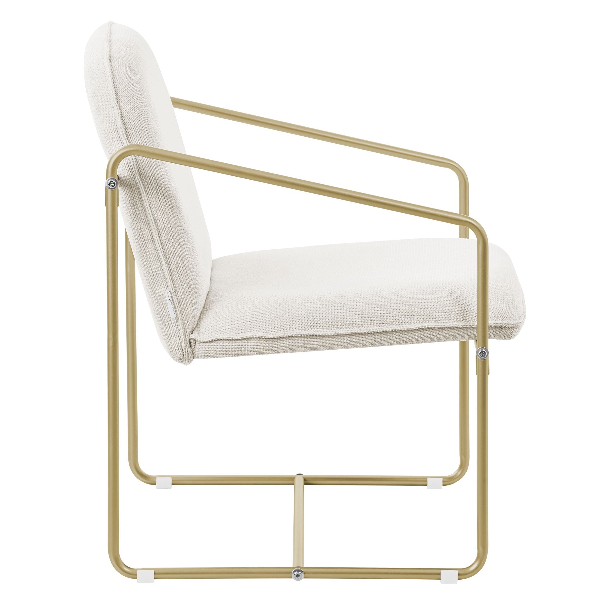 Side view of a white chair with a gold-colored frame.