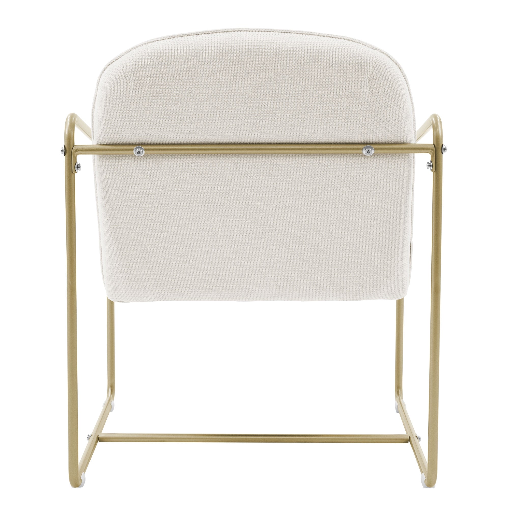 Rear view of a beige chair with a gold frame.