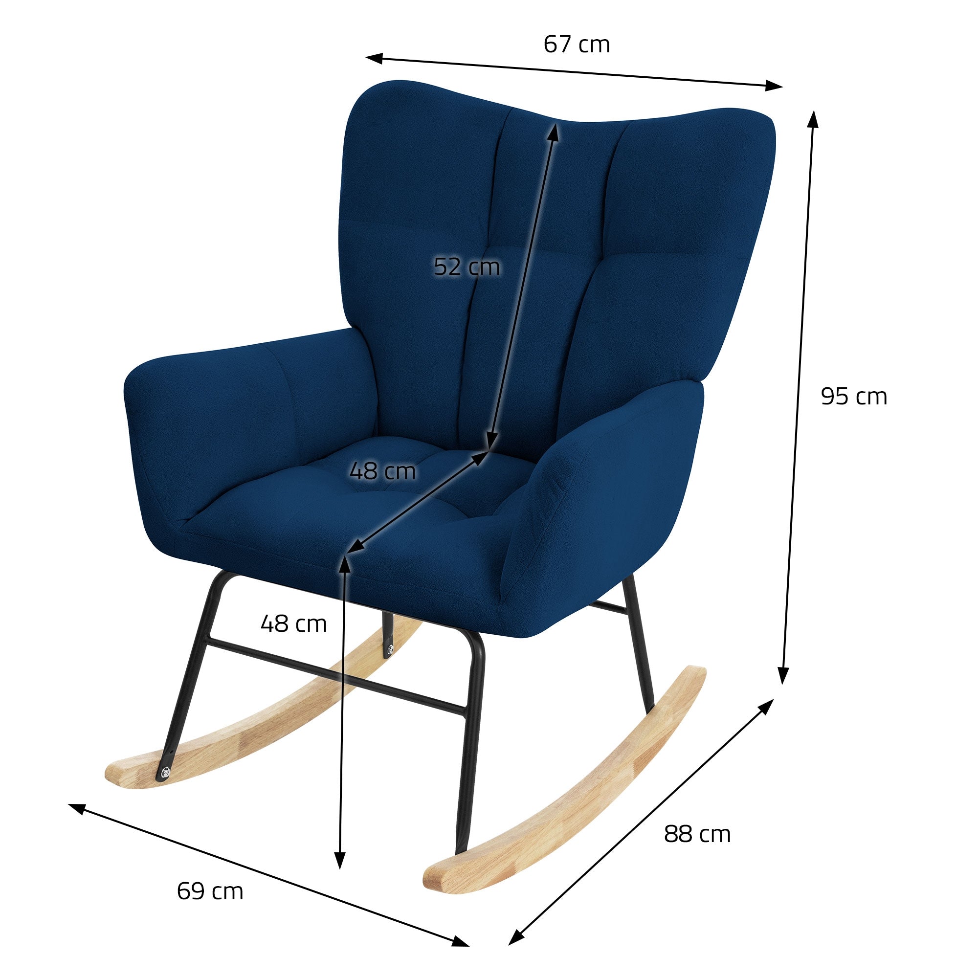 Blauer Sessel mit Maßangaben in cm für Breite, Höhe und Tiefe.
