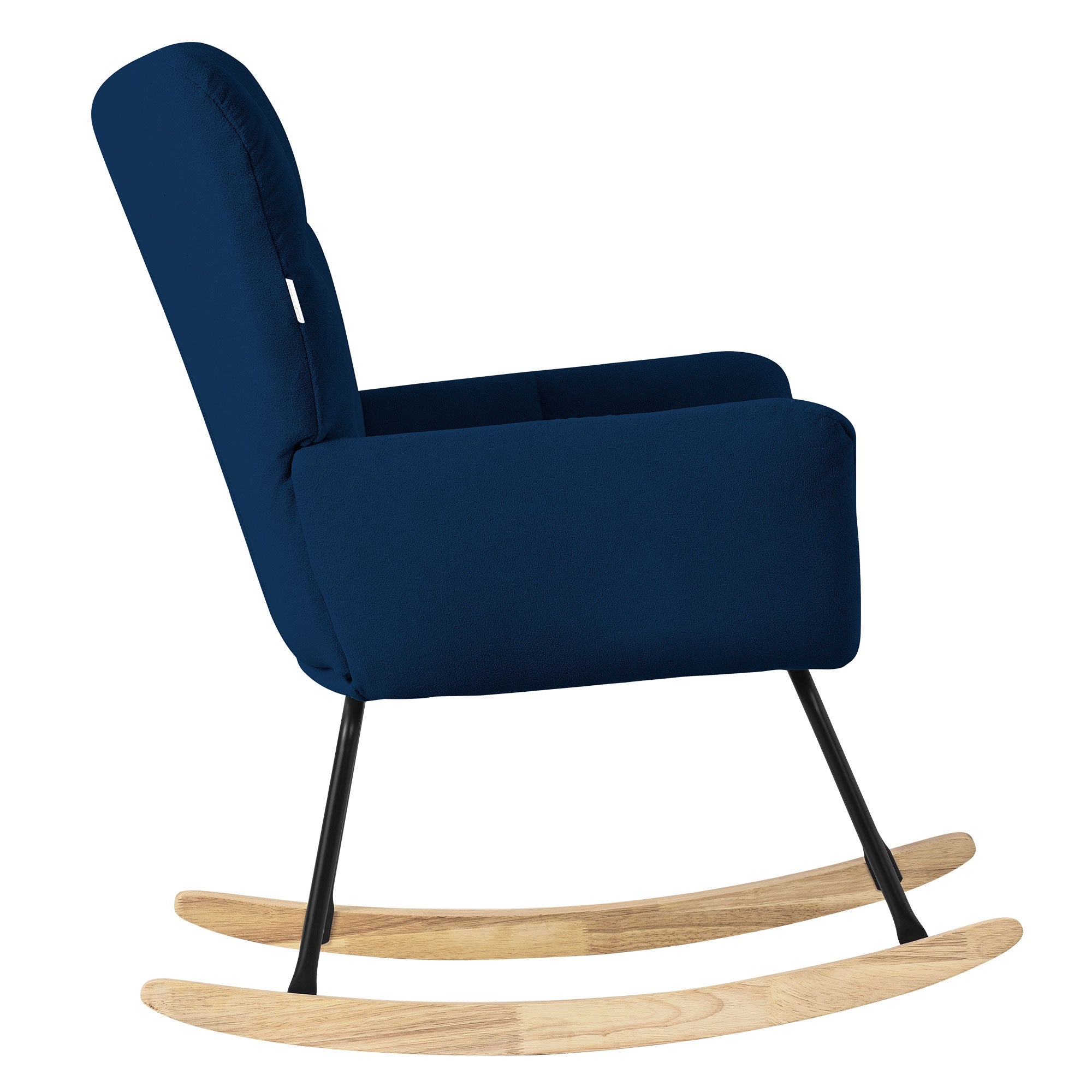 Seitenansicht eines blauen Schaukelstuhls mit Holzschaukelgestell.